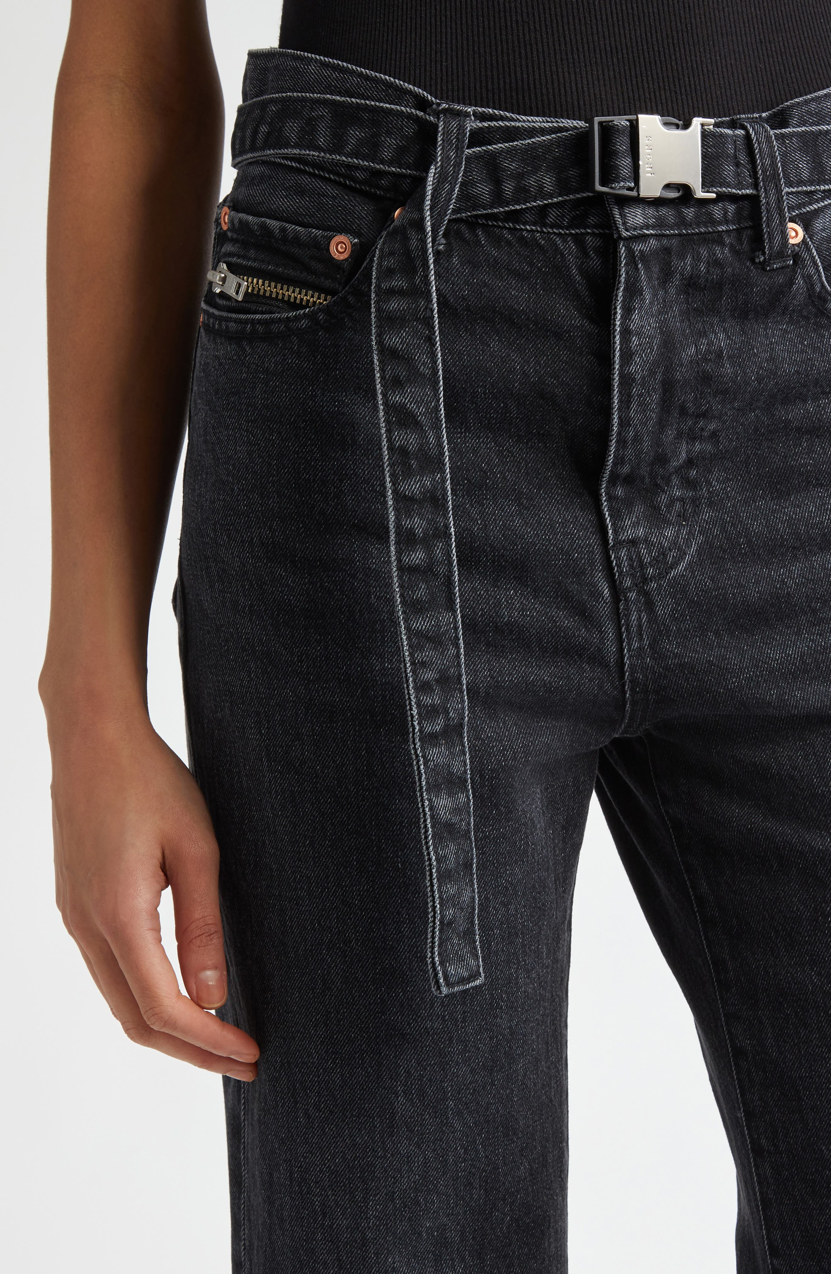 Sacai Belted Crop Bootcut Jeans in Black at Nordstrom - 4