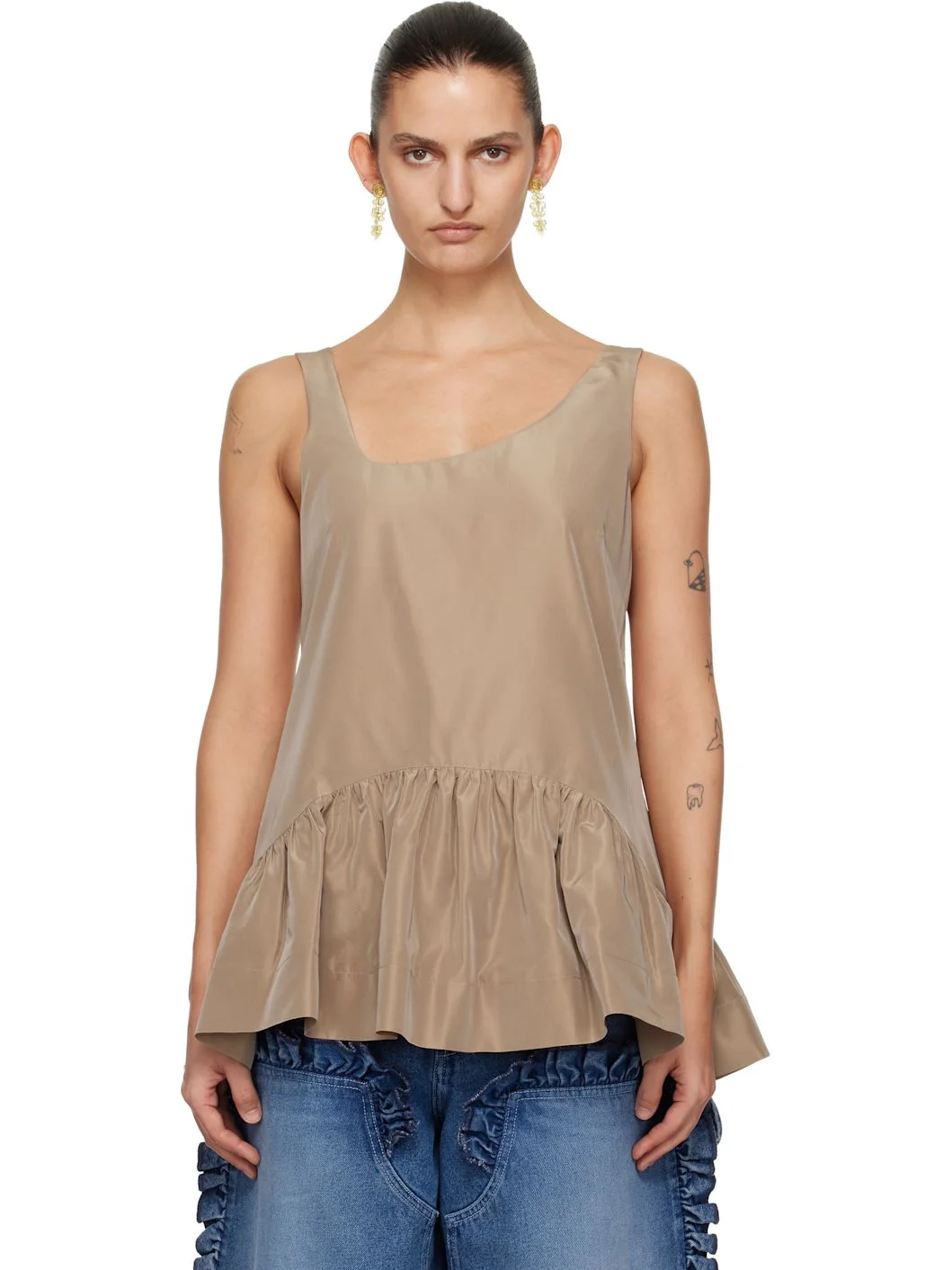 Tan Tilted Neck Peplum Top - 1