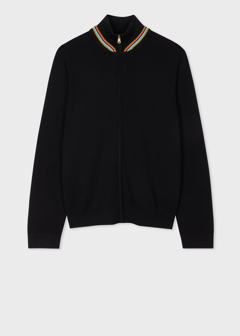Black Merino Wool Full-Zip Cardigan With 'Signature Stripe' Trim 1