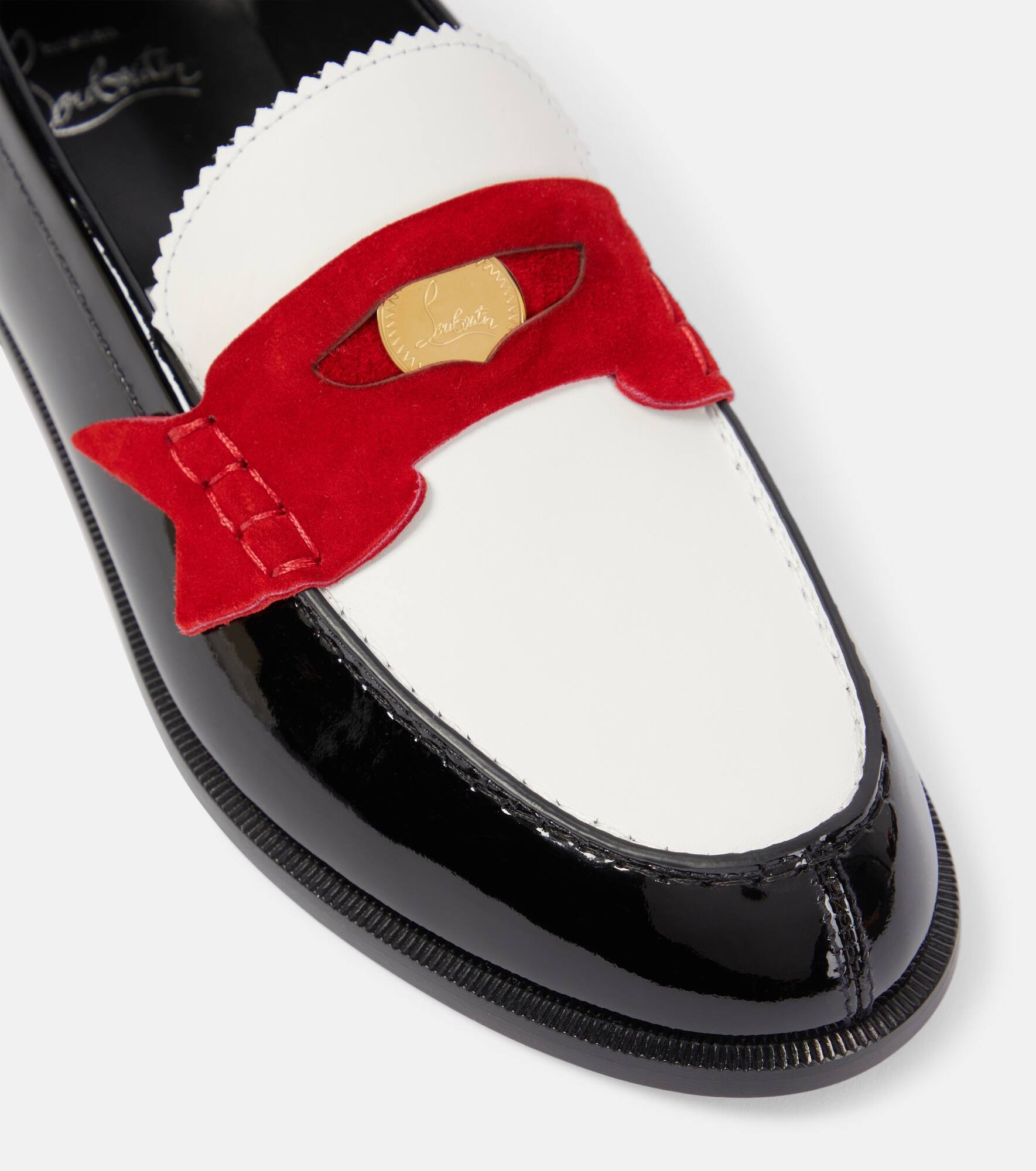 Penny suede-trimmed patent leather penny loafers - 6