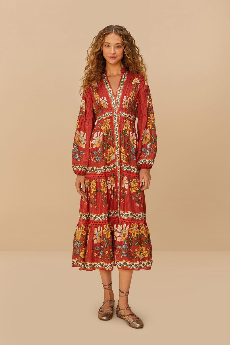 Red Garden Delight Long Sleeve Midi Dress 1