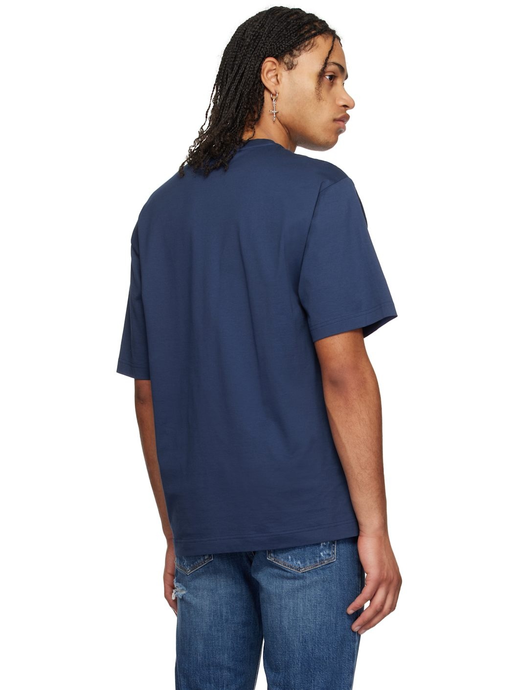 Navy Breast Pocket & Logo Embroidery Cotton T-shirt - 3