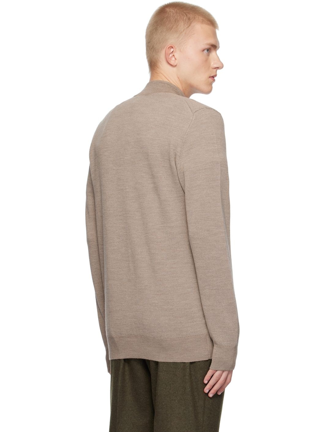 Beige Merino Honeycomb Zip Neck Sweater - 3