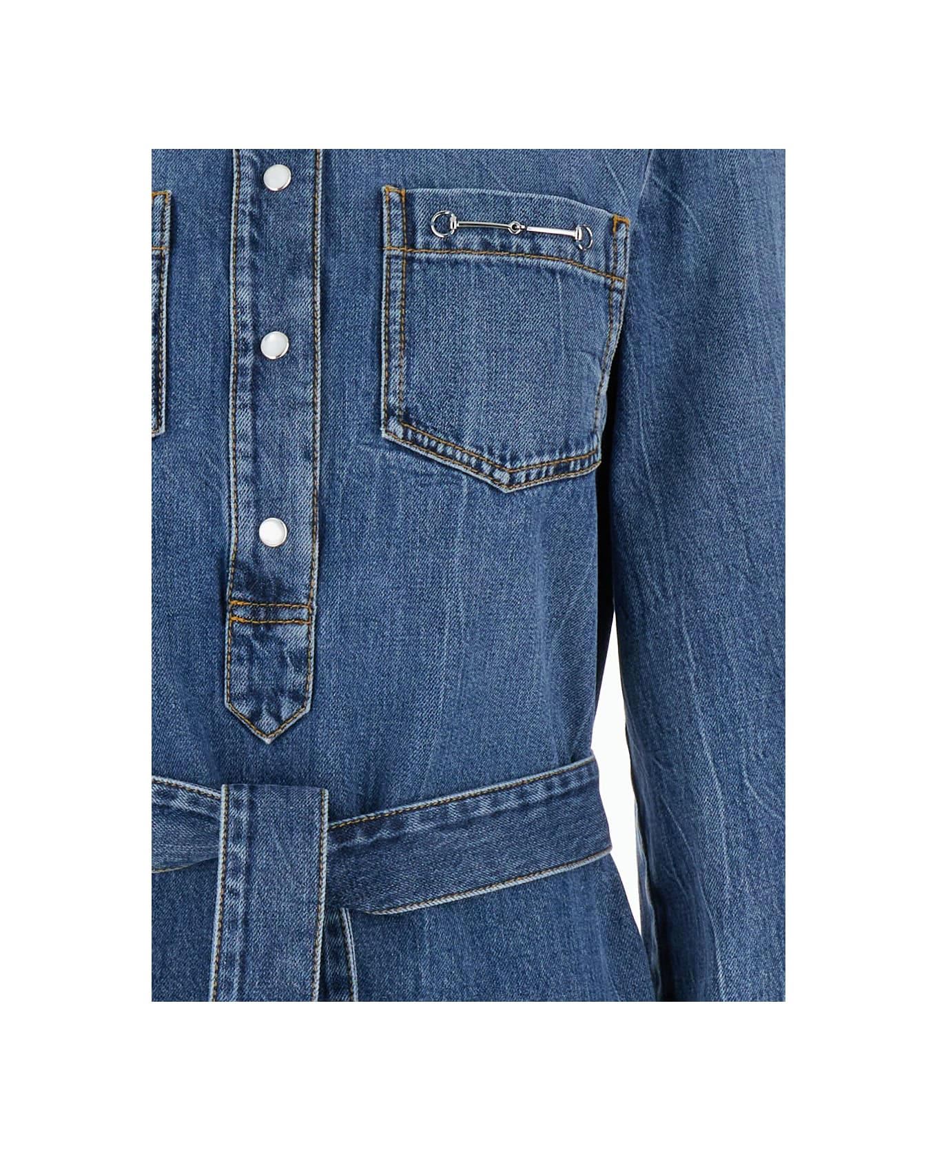 Blue Denim Dress With Horsebit In Organic Cotton Woman - 3