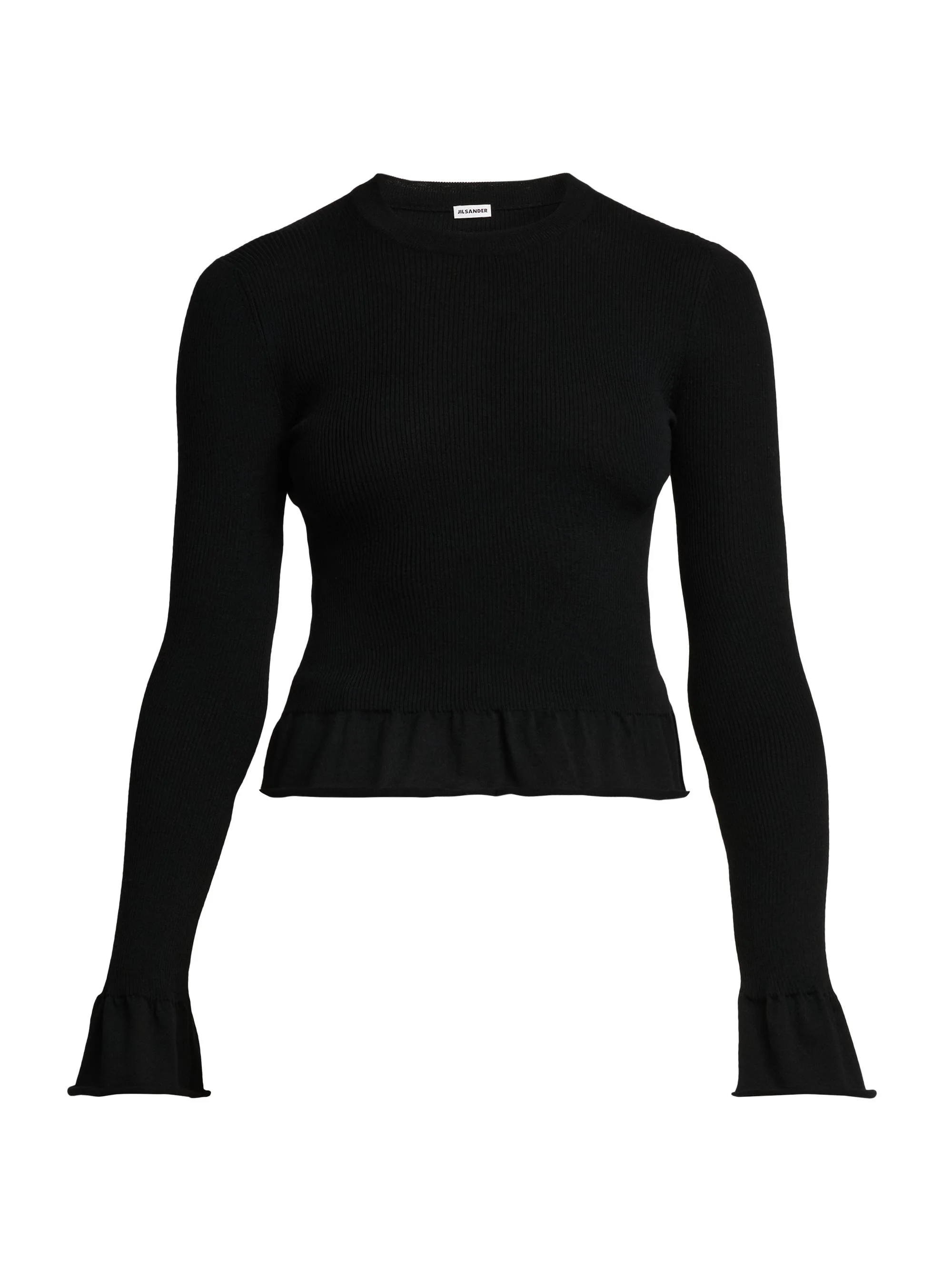 Women's Wool Flared-Trim Slim-Fit Crewneck Sweater - Black - 1