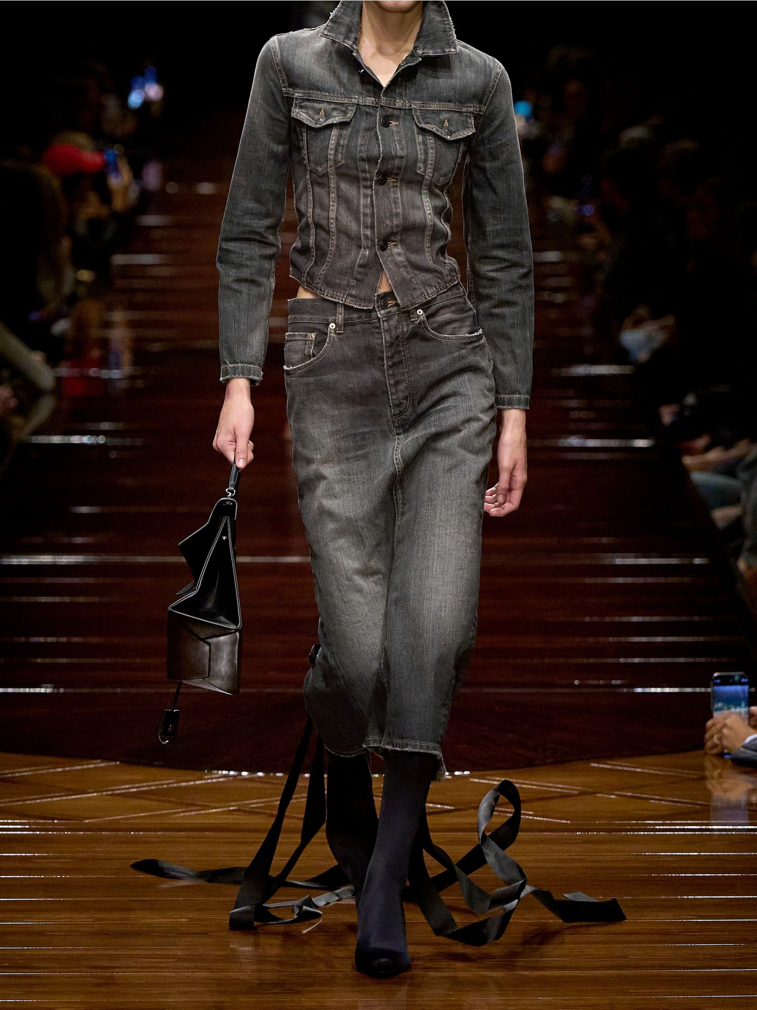 Lace-up satin-trimmed denim jacket Dark gray - 4
