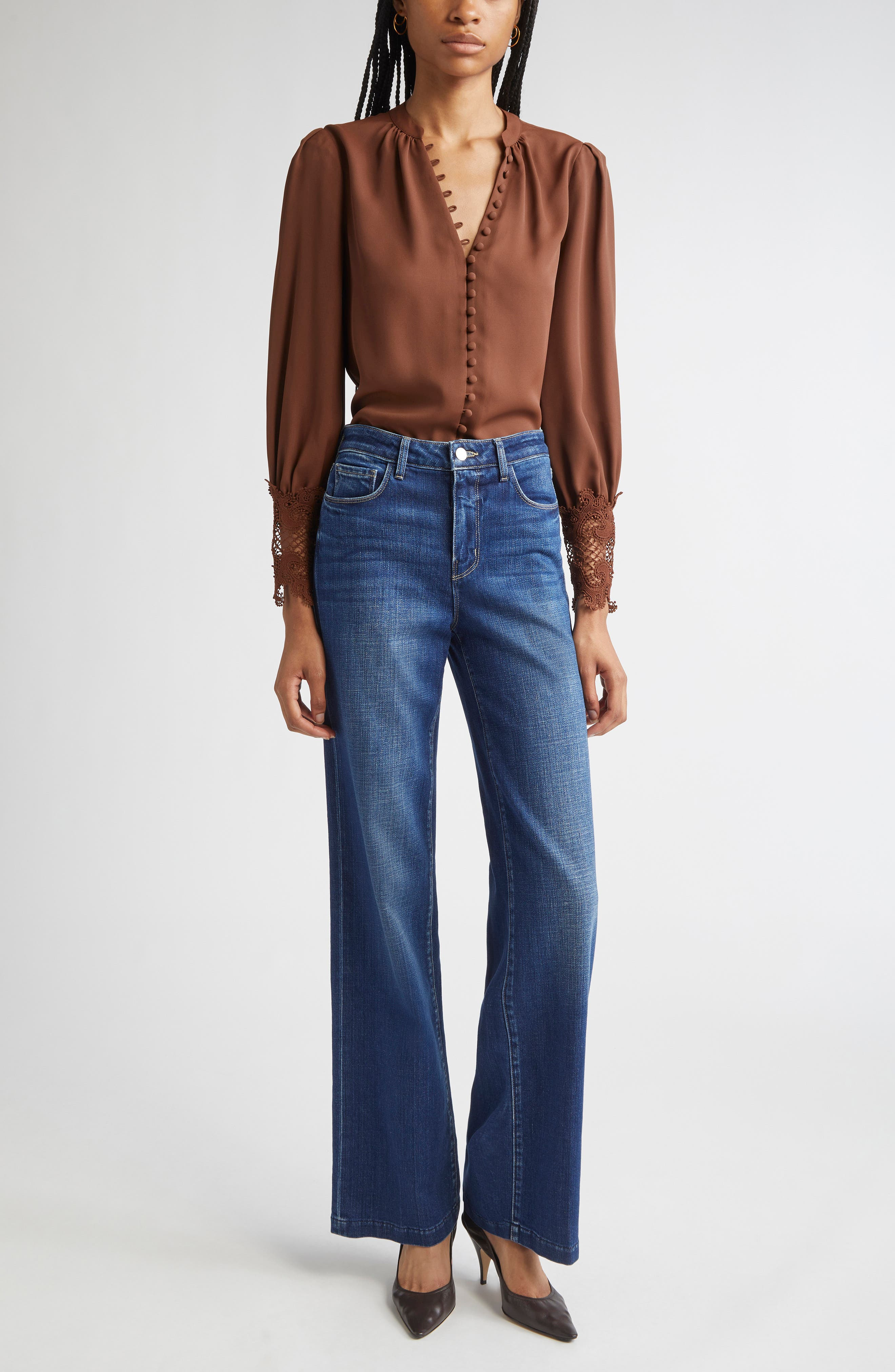 L'AGENCE Ava Lace Cuff Button-Up Blouse in Hot Fudge at Nordstrom - 2