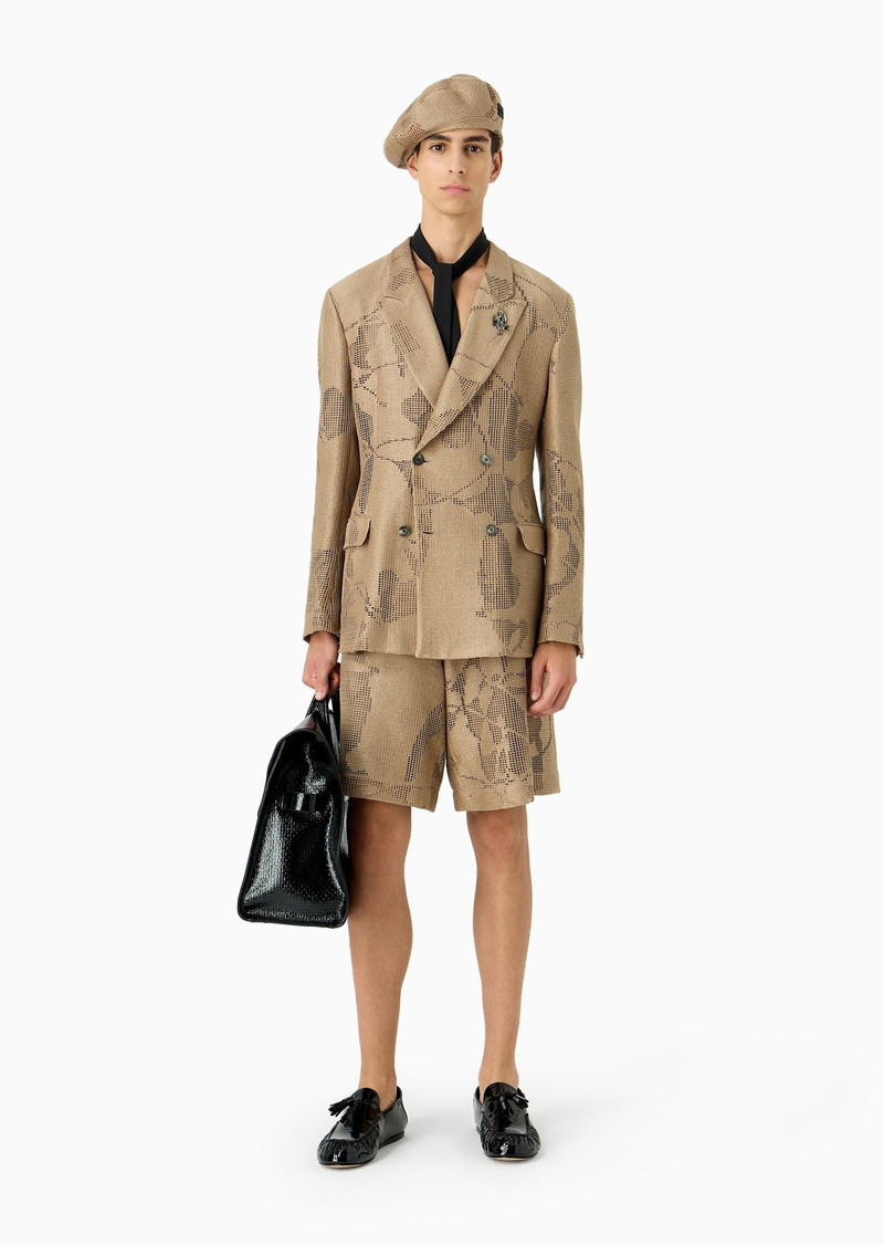EMPORIO ARMANI Cotton crêpe, double-breasted jacket with a crocheted ginkgo motif outlook