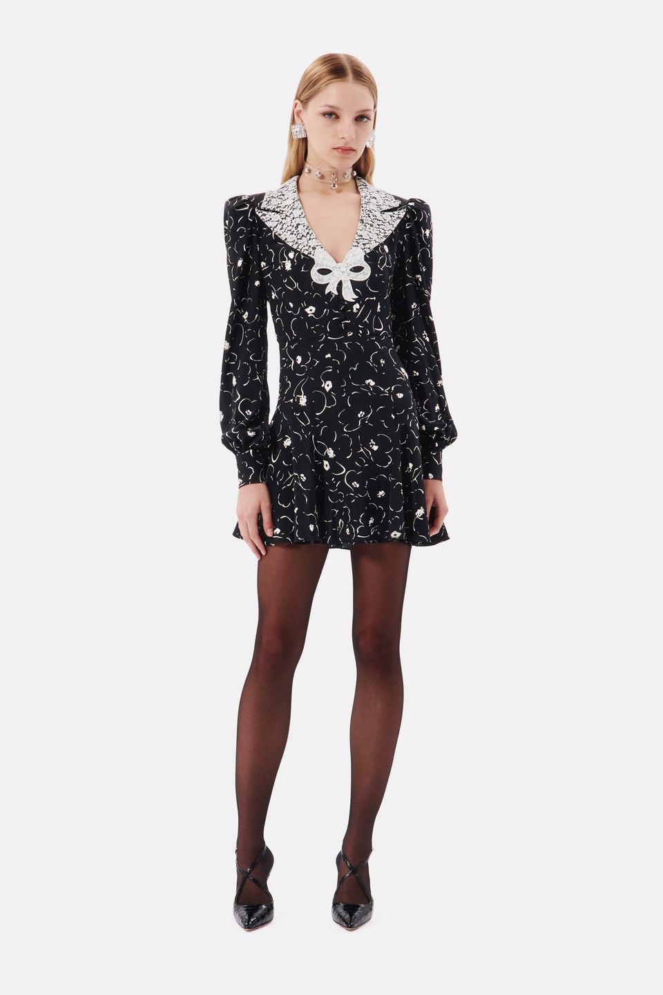 FLORAL PRINT SILK MINI DRESS WITH LACE COLLAR - 4