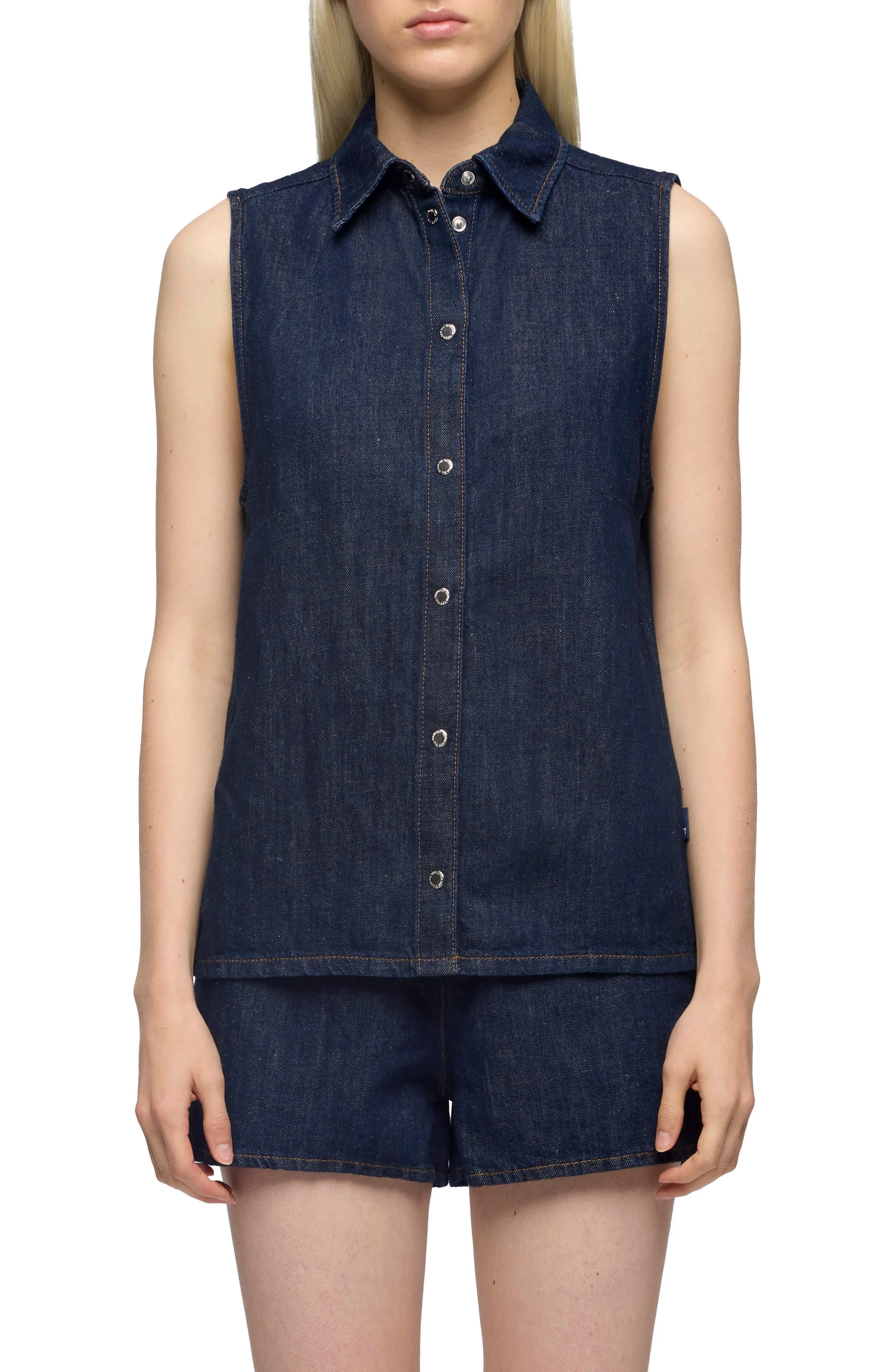 7 For All Mankind Sleeveless Cotton & Linen Denim Snap-Up Shirt in Blossom at Nordstrom - 1
