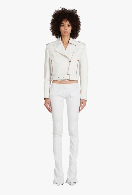 Cropped white leather biker jacket - 4