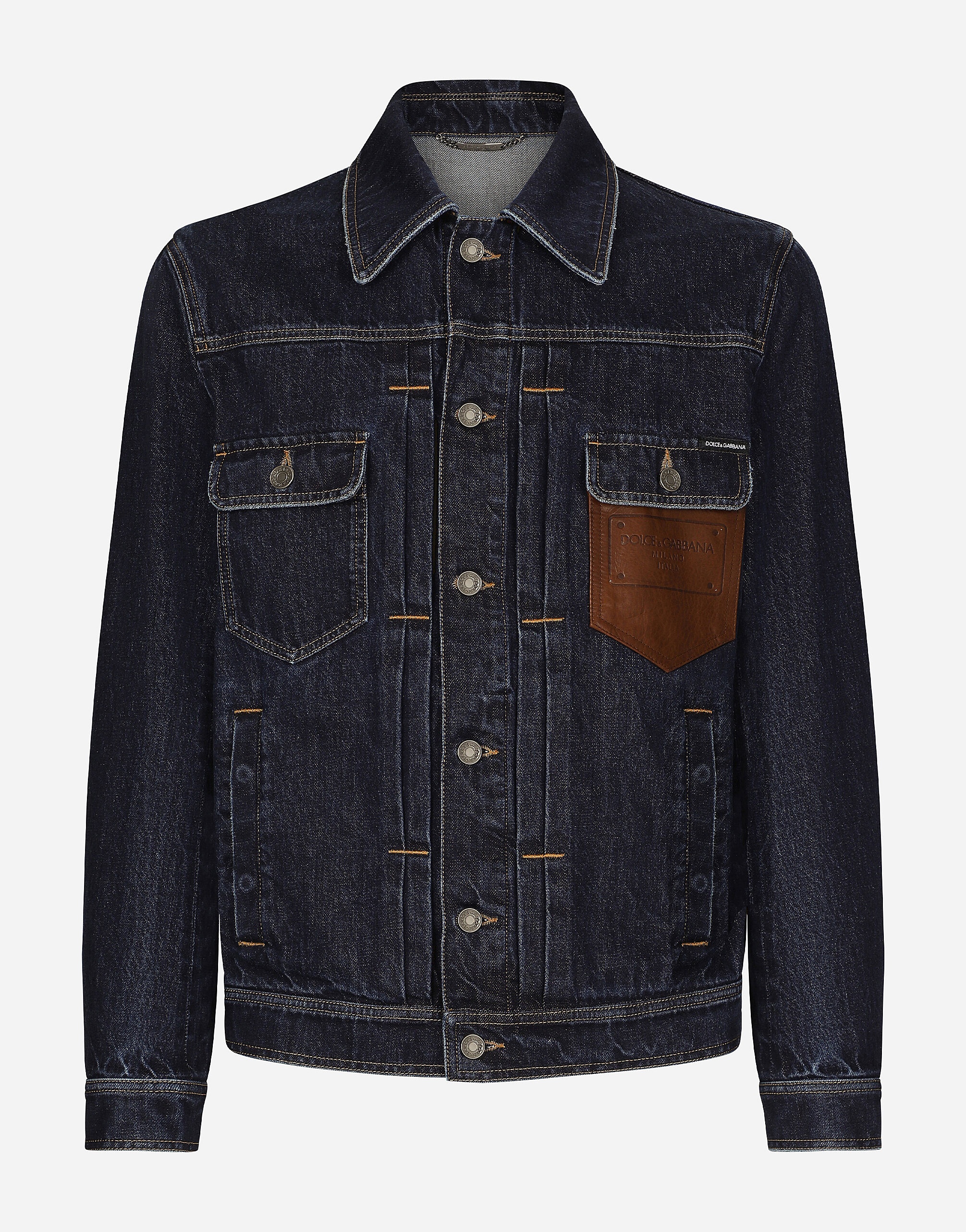 Denim jacket with embossed tag on leather - 1