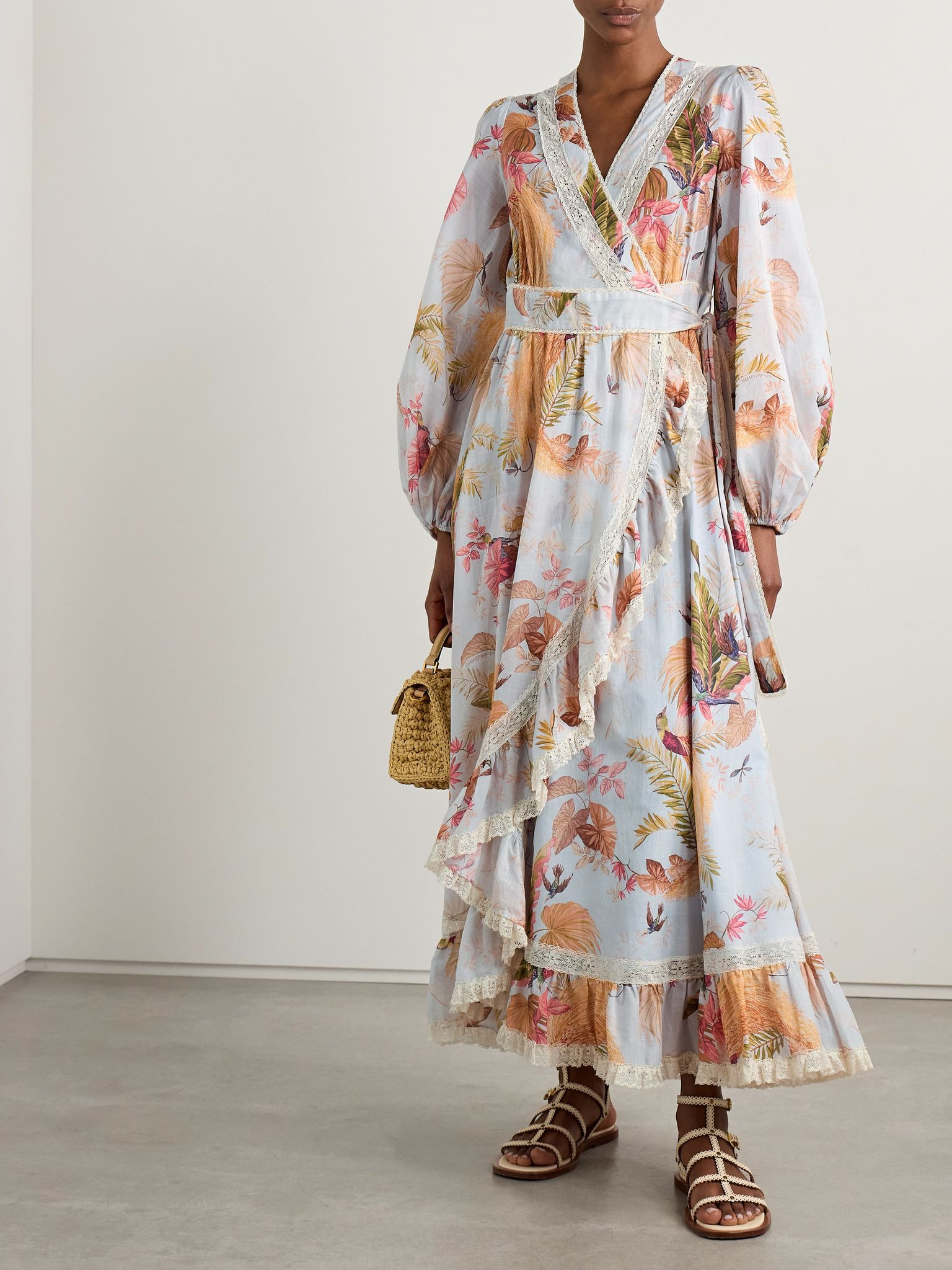 Ascension lace-trimmed tiered printed cotton-voile midi wrap dress Blue - 2