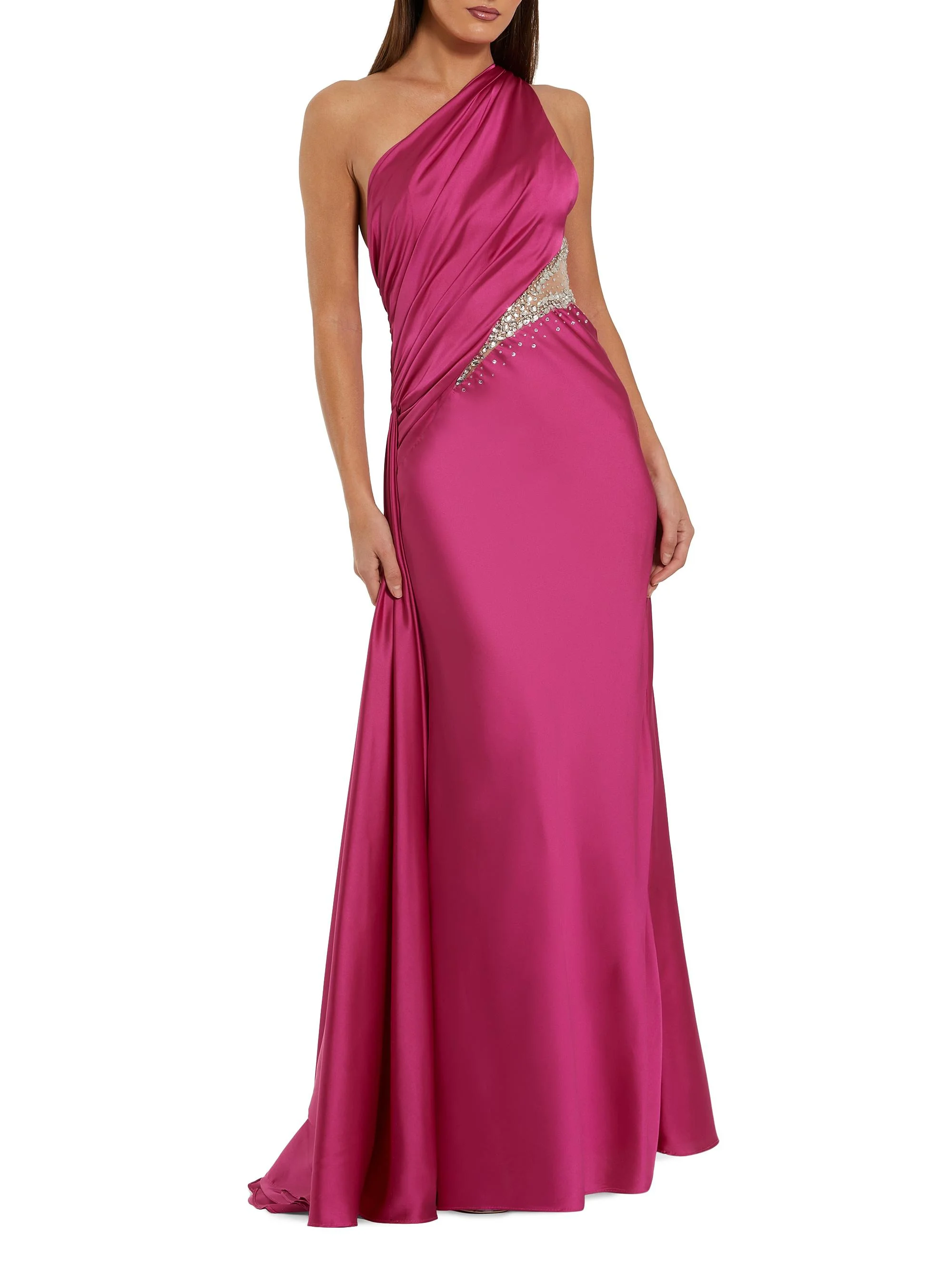 Women's Satin One-Shoulder Gown - Magenta - 1