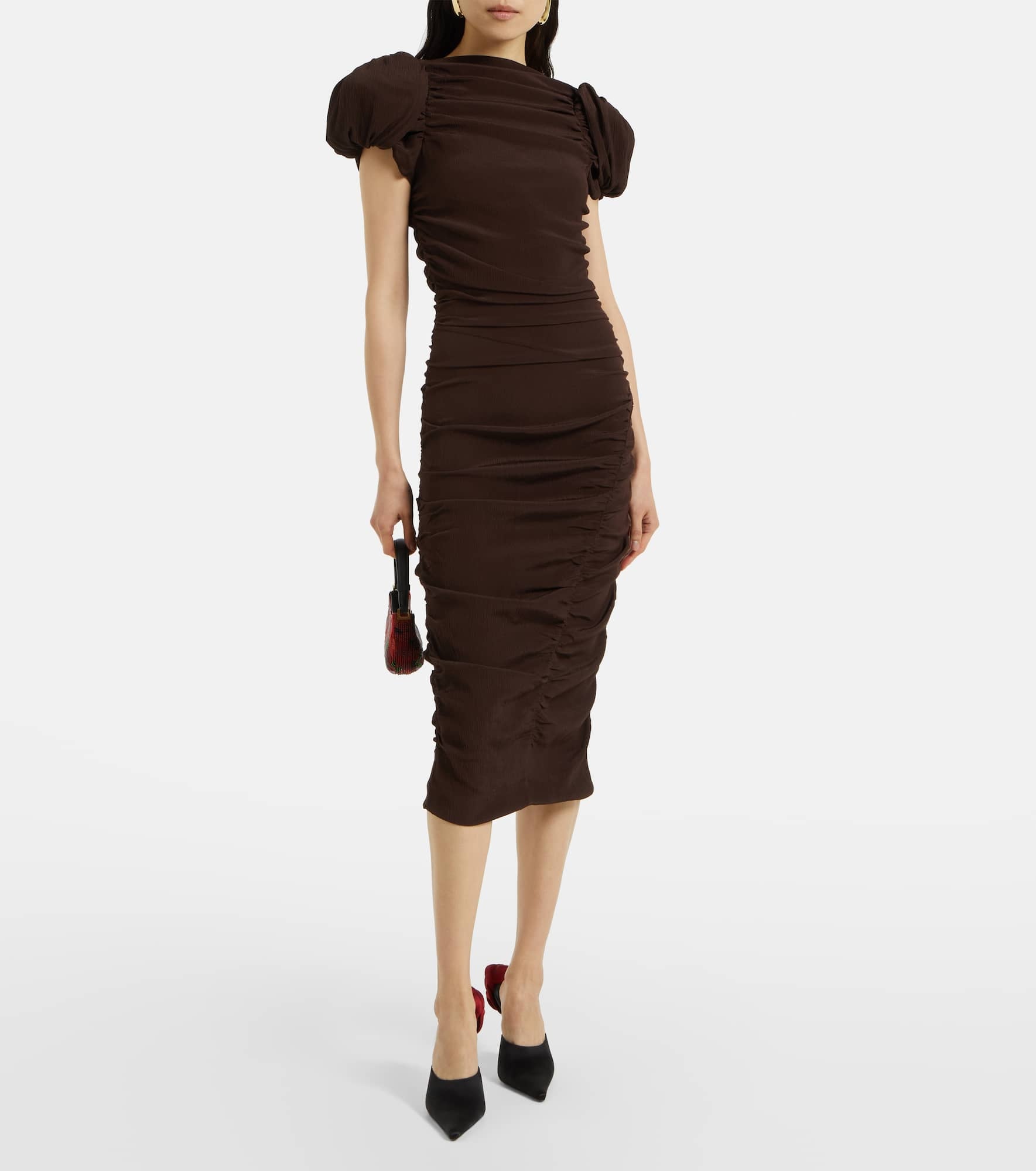 Puff-sleeve silk midi dress - 2