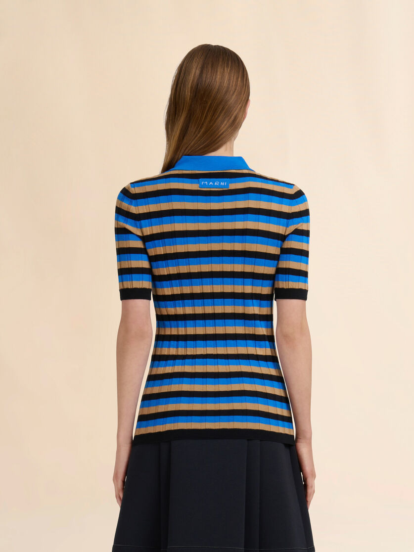 BROWN AND BLUE STRIPED WOOL POLO SHIRT - 3