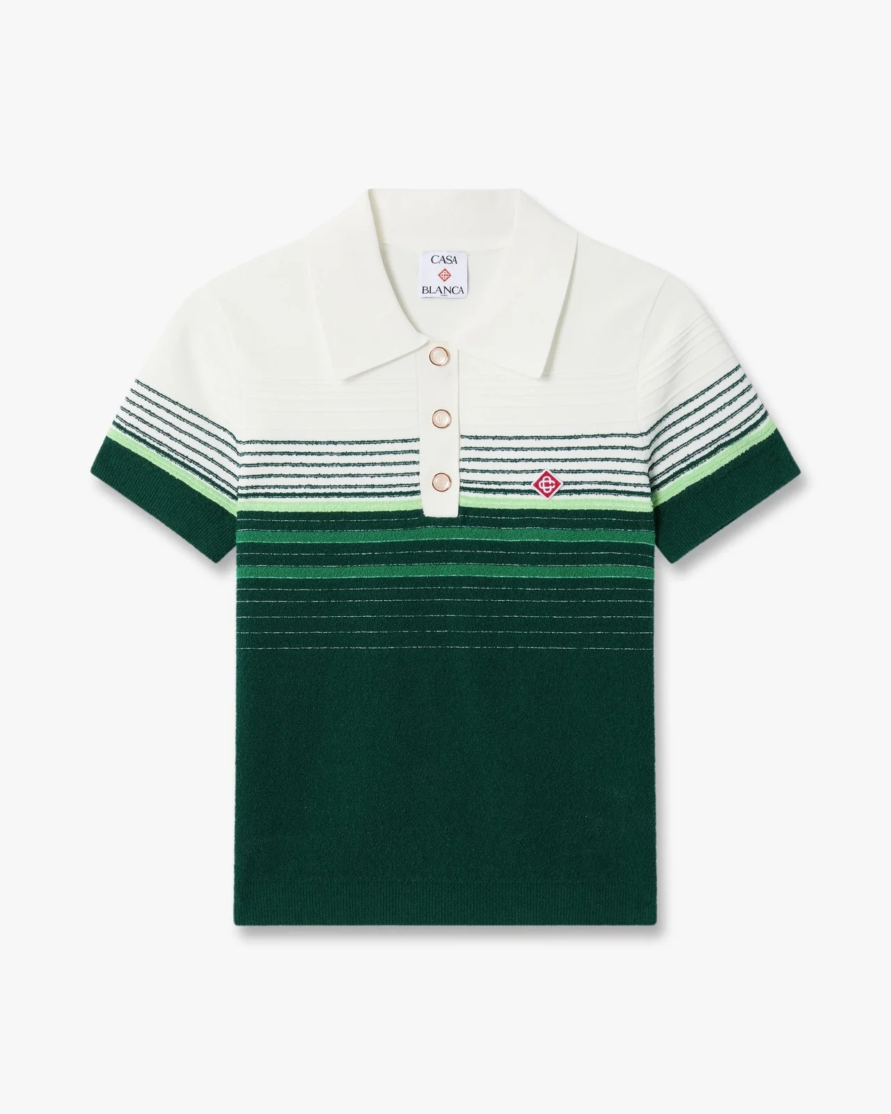 White & Green Boucle Stripe Short Sleeve Polo Shirt - 1