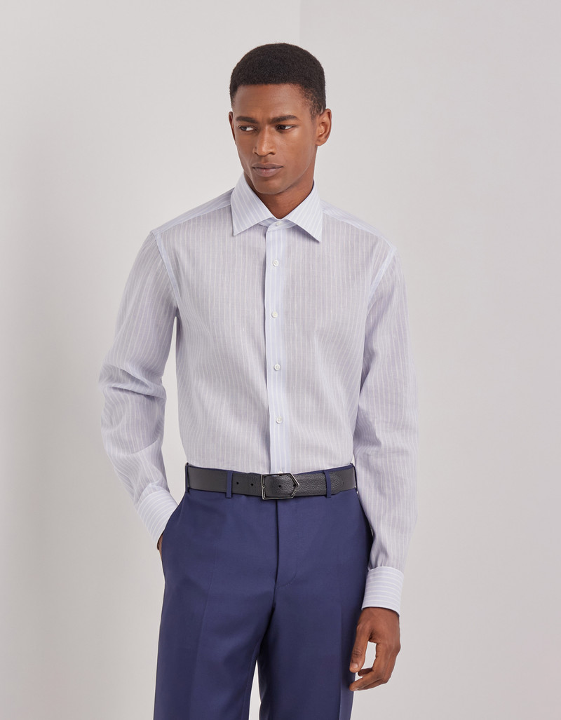 Canali LIGHT BLUE AND WHITE STRIPED COTTON AND LINEN REGULAR-FIT SHIRT outlook