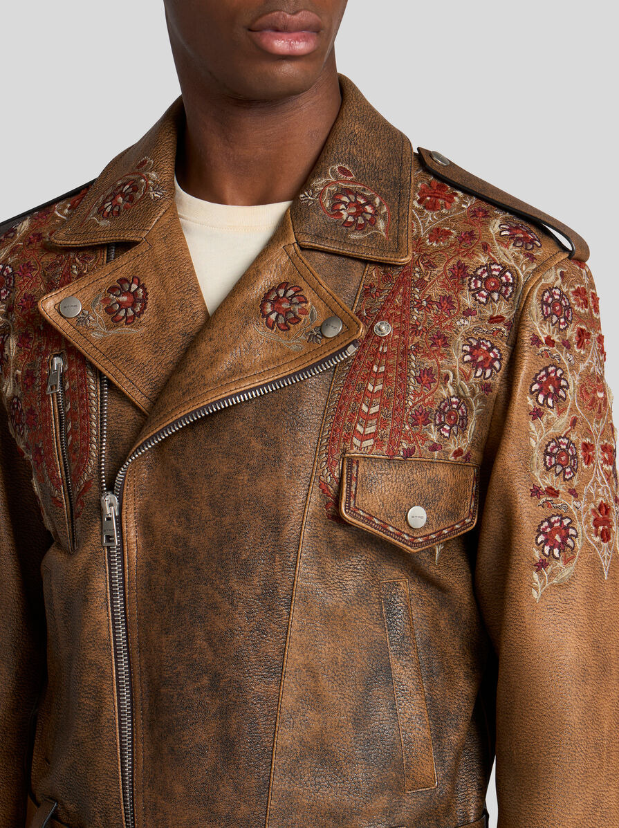 LEATHER BIKER JACKET WITH EMBROIDERY - 3