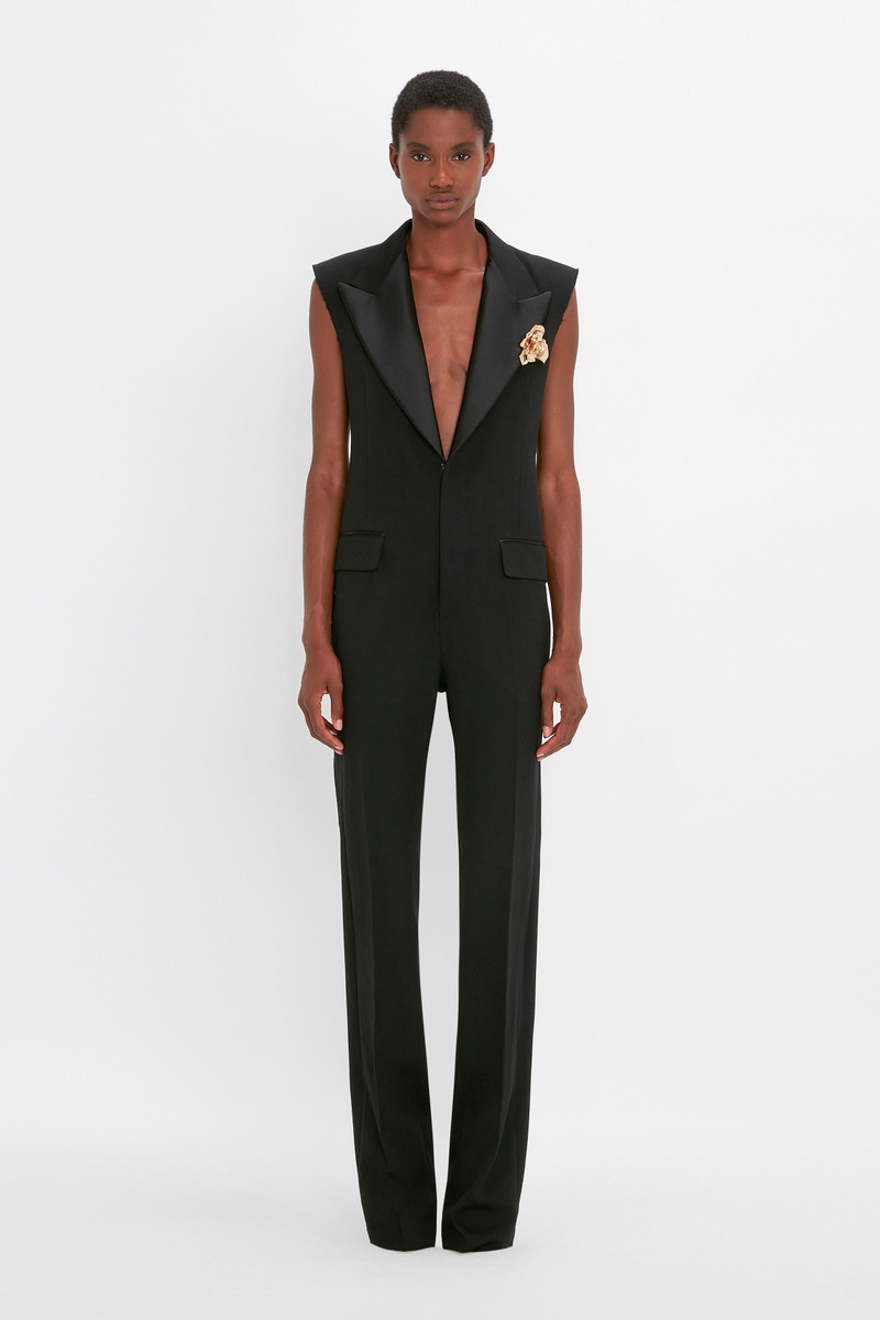 Victoria Beckham Sleeveless Tuxedo Jumpsuit in Black outlook