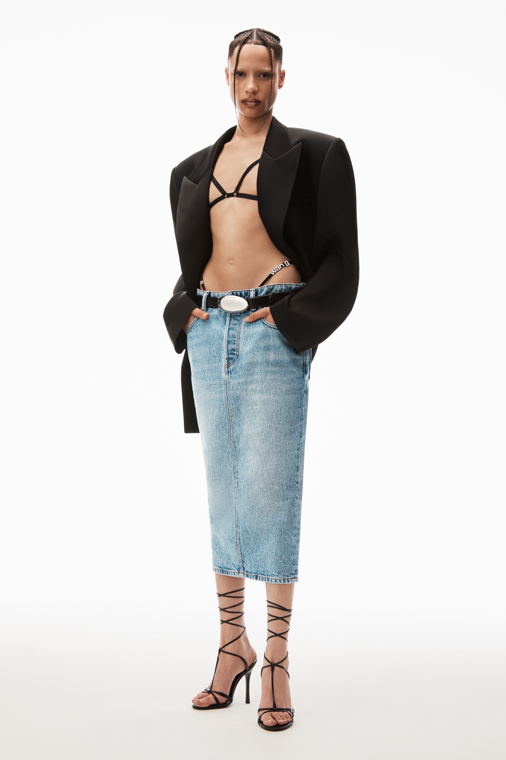 diamanté thong midi skirt in denim - 2