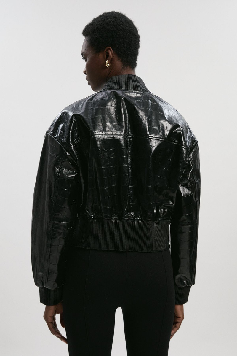 High Shine Croc Embossed Leather Bomber Jacket 5