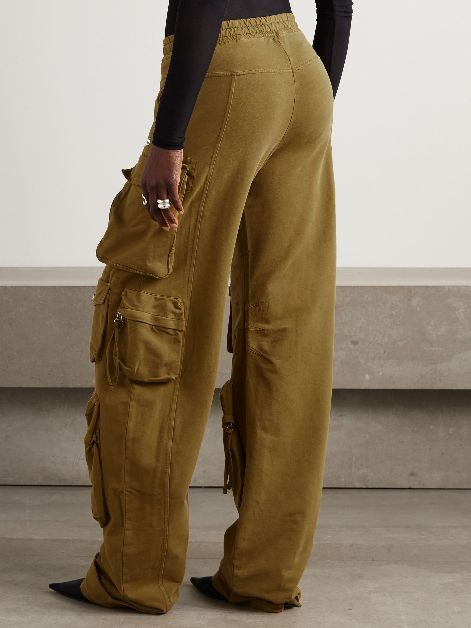 Embellished stretch-cotton jersey wide-leg cargo pants Army green - 3
