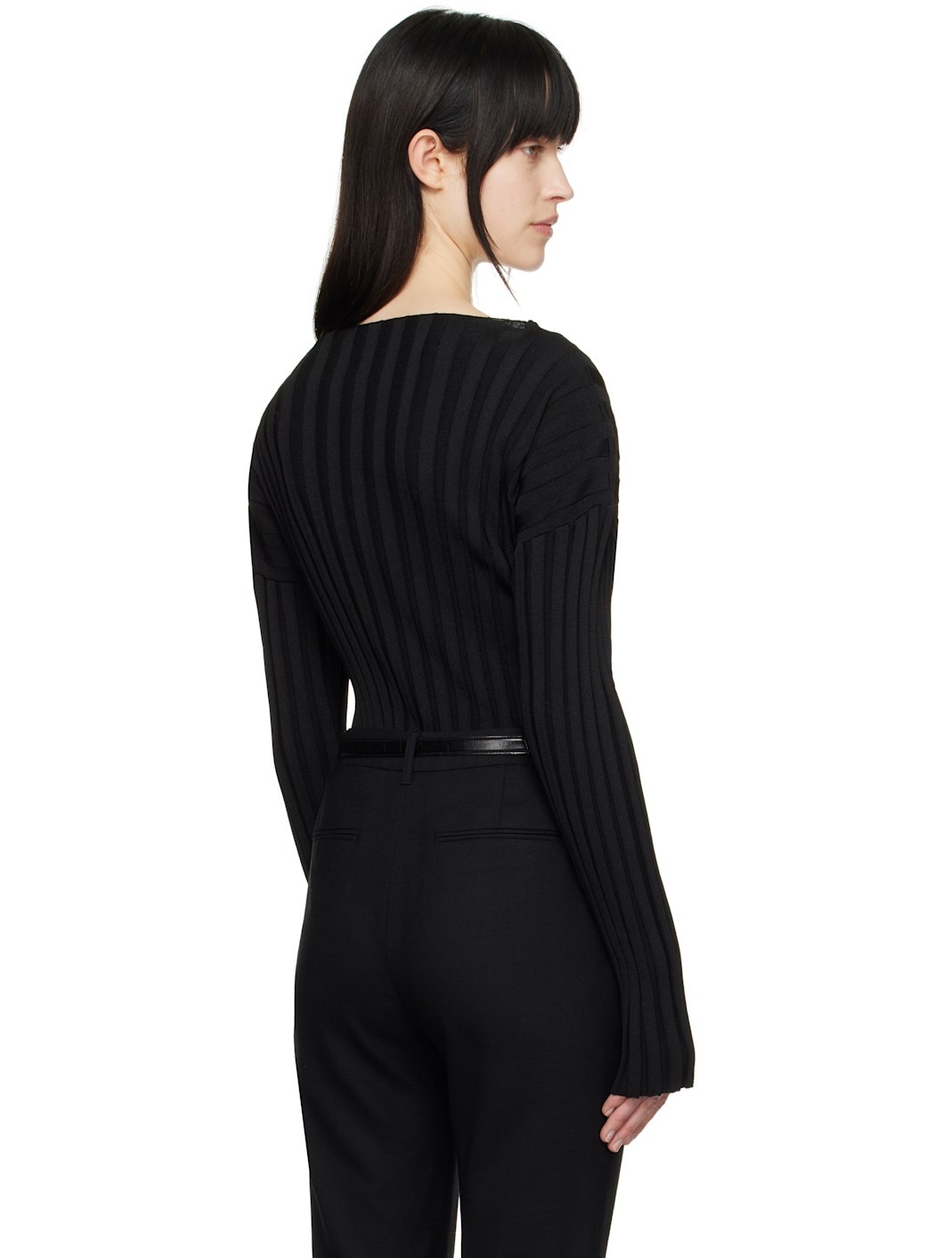 Black Ribbed Collarless Cardigan - 3