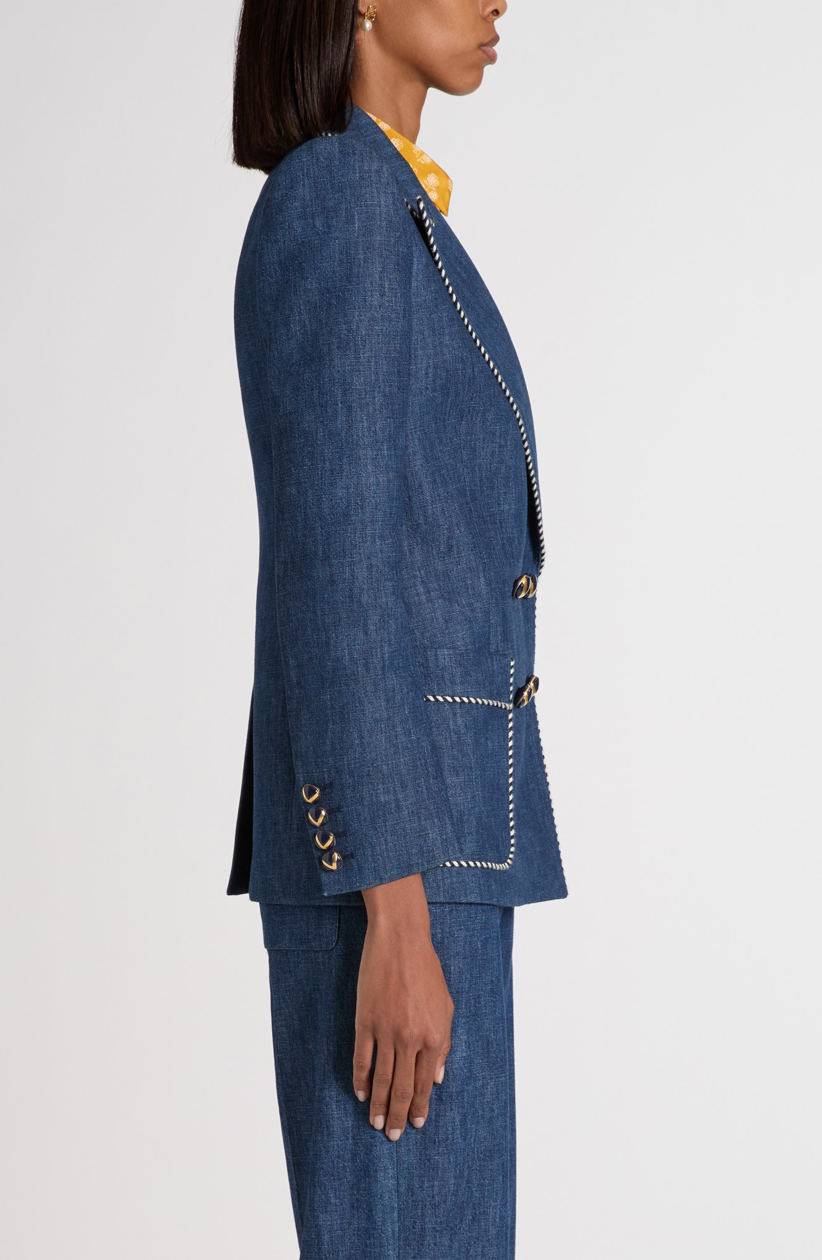 Valentino Garavani Piped Double Breasted Denim Blazer in Navy at Nordstrom - 4