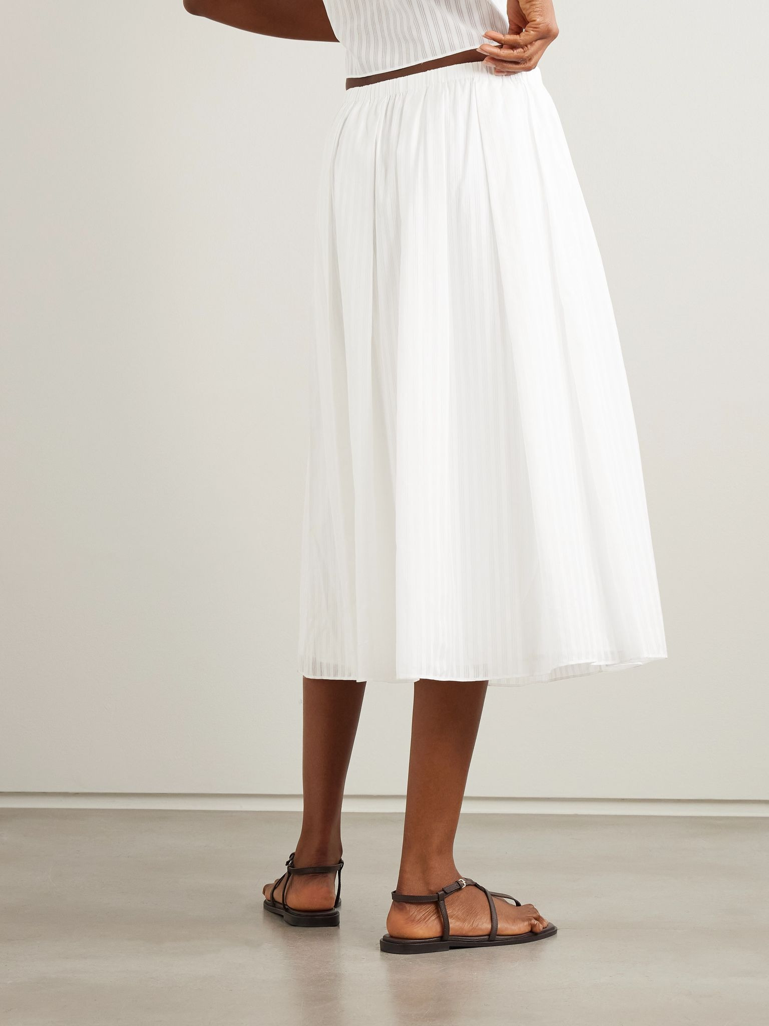Pleated striped cotton-poplin midi skirt White - 3