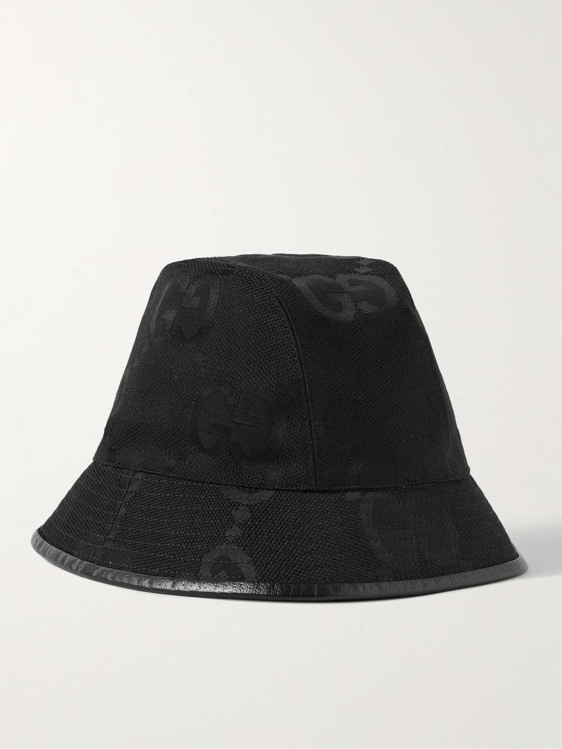 Leather-Trimmed Monogrammed Cotton-Blend Canvas Bucket Hat - 1
