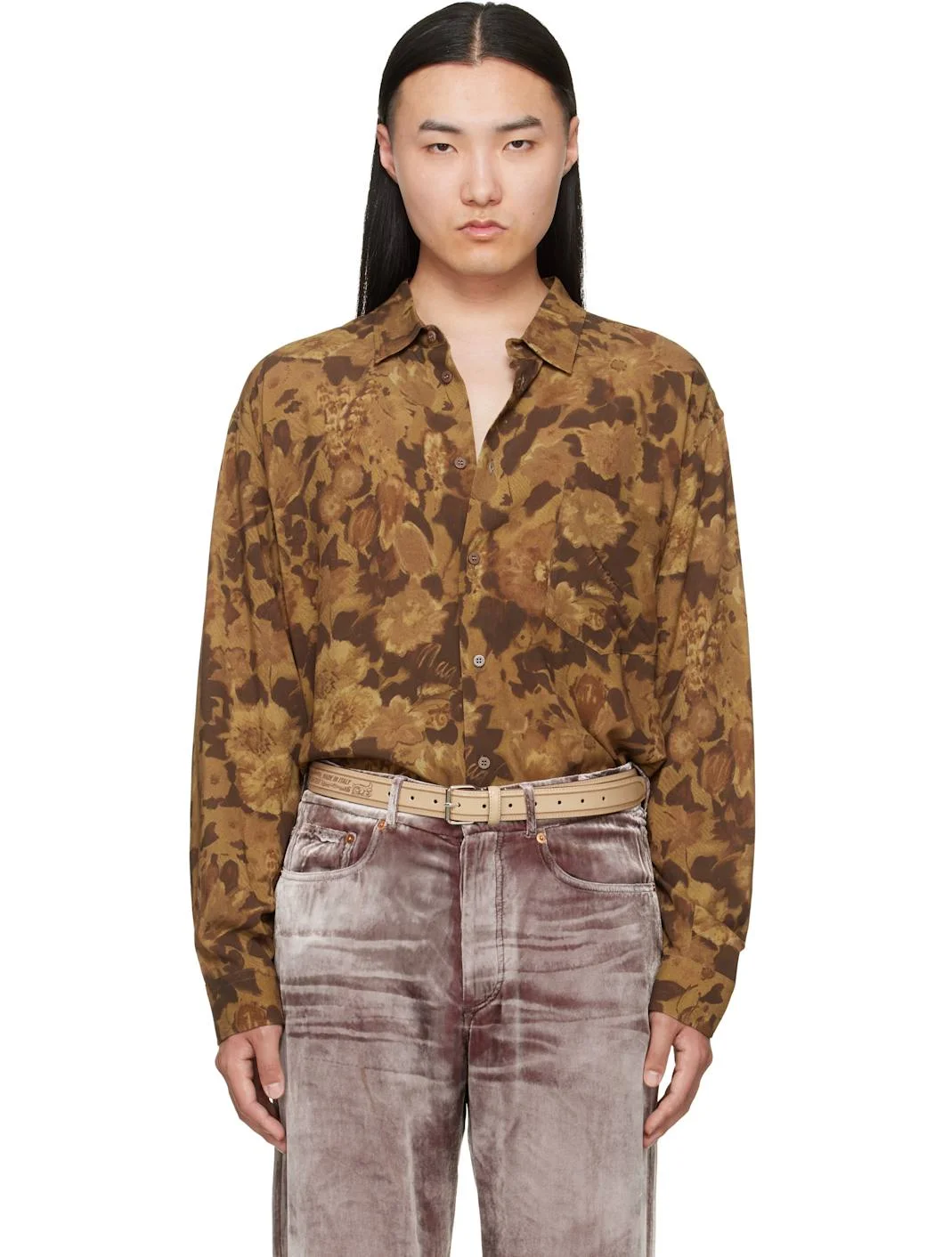 Brown Dried Flowers Long Sleeve Shirt - 1