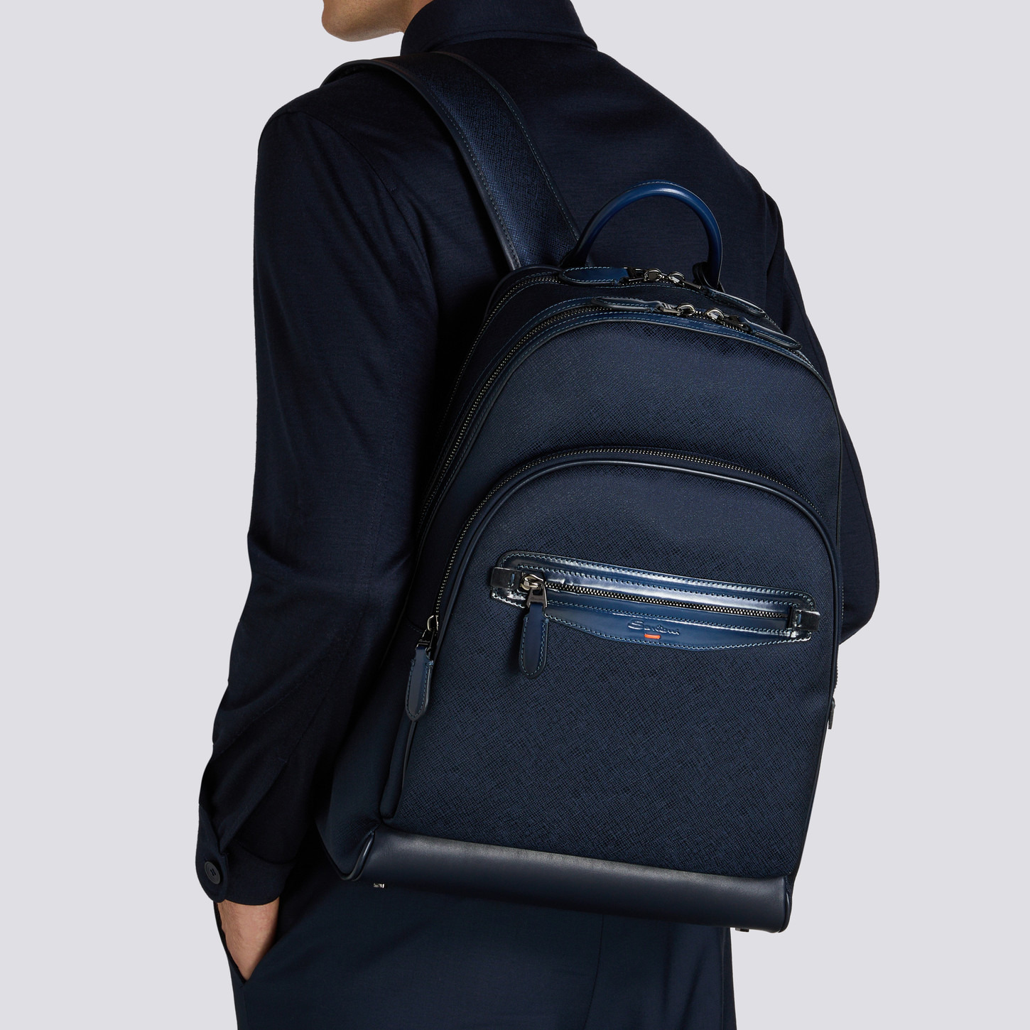 Blue leather and nylon backpack - 2