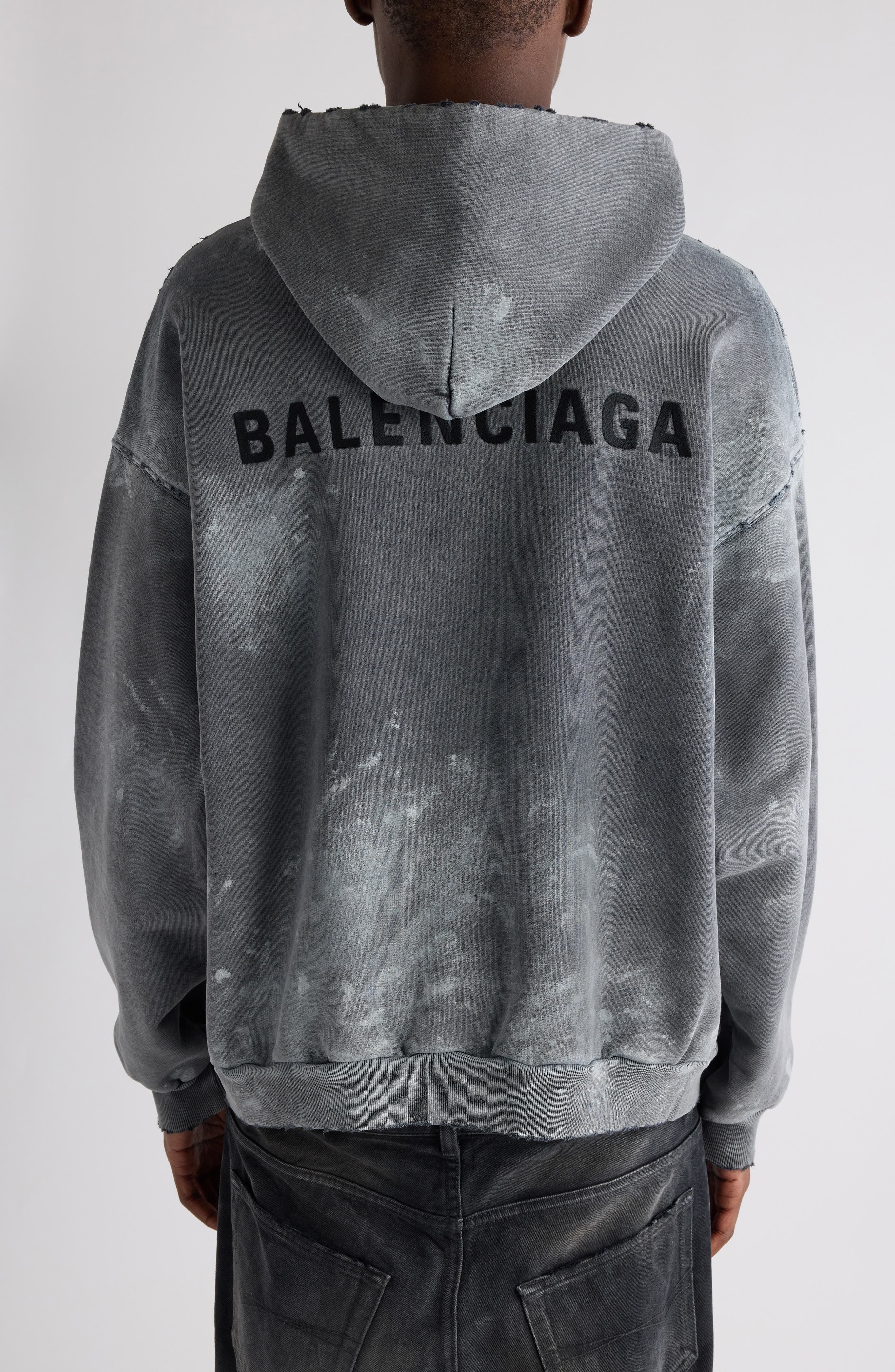 Balenciaga Medium Fit Distressed Archetype Fleece Hoodie in Sup Faded Wash Black/Black at Nordstrom - 3