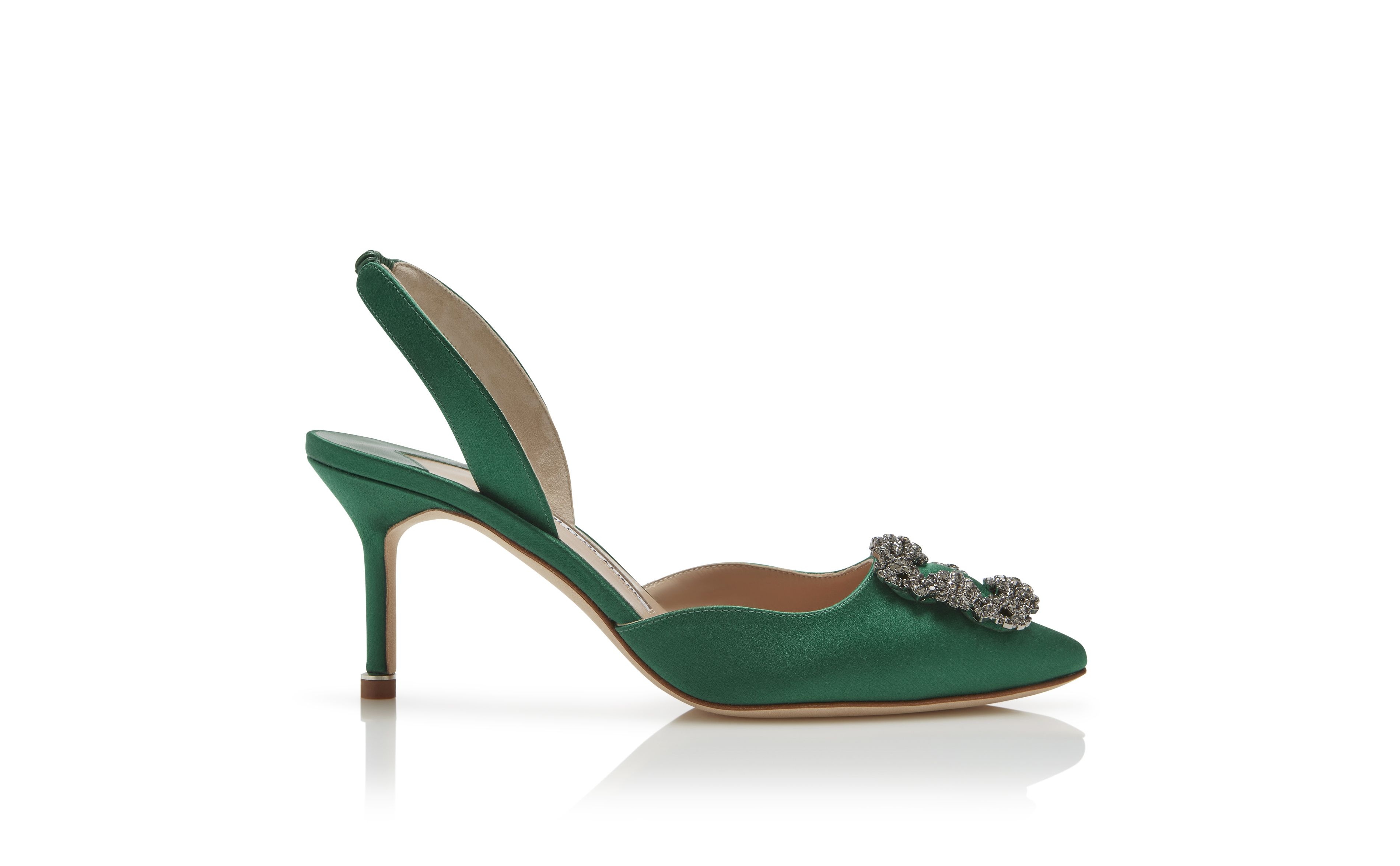 Green Satin Jewel Buckle Slingback Pumps - 1