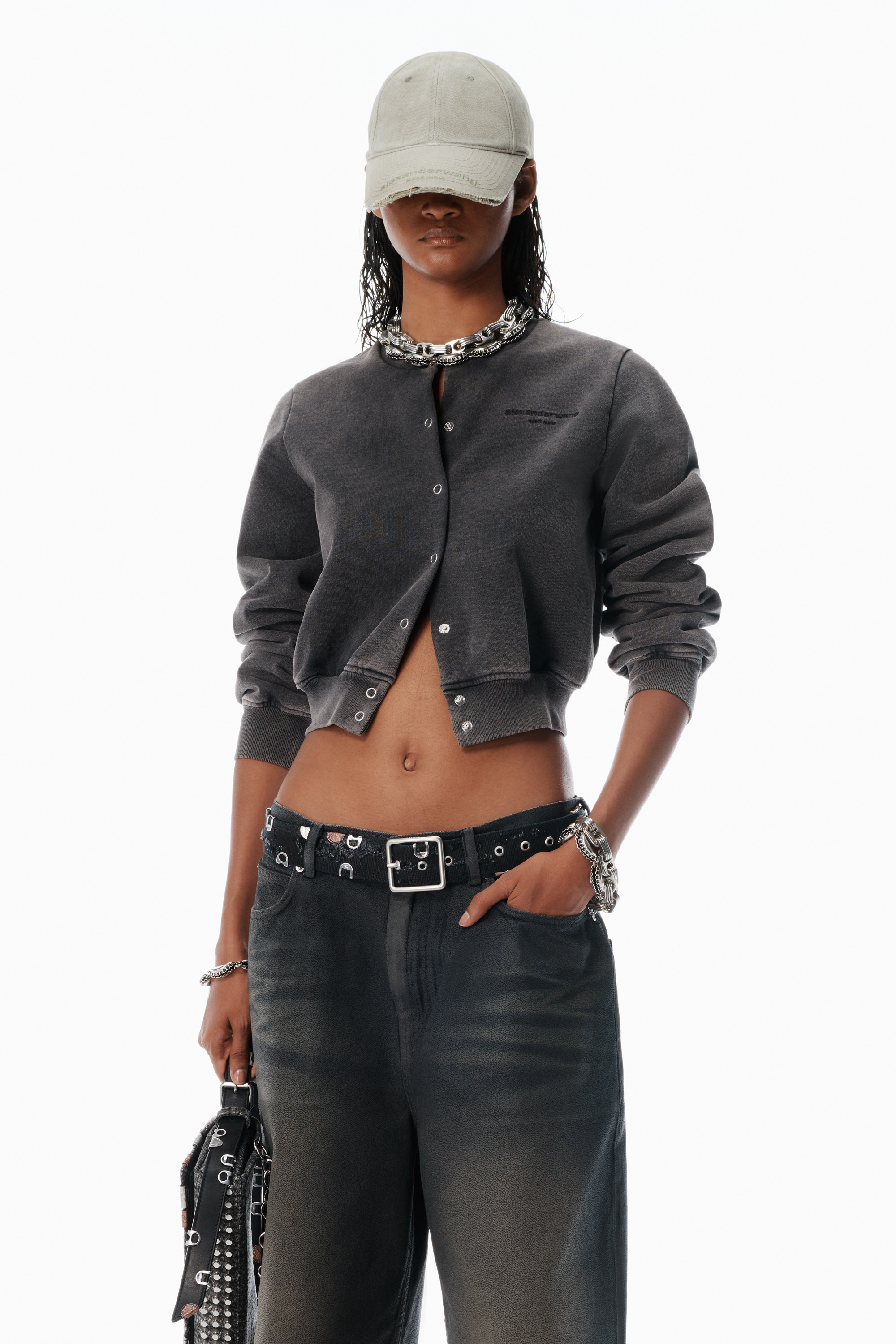 Black Cotton Terry Shrunken Cardigan - 2