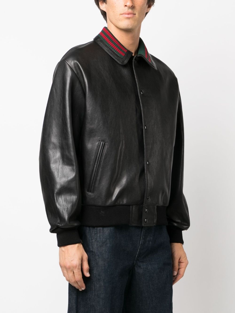 Web-collar leather bomber jacket - 3