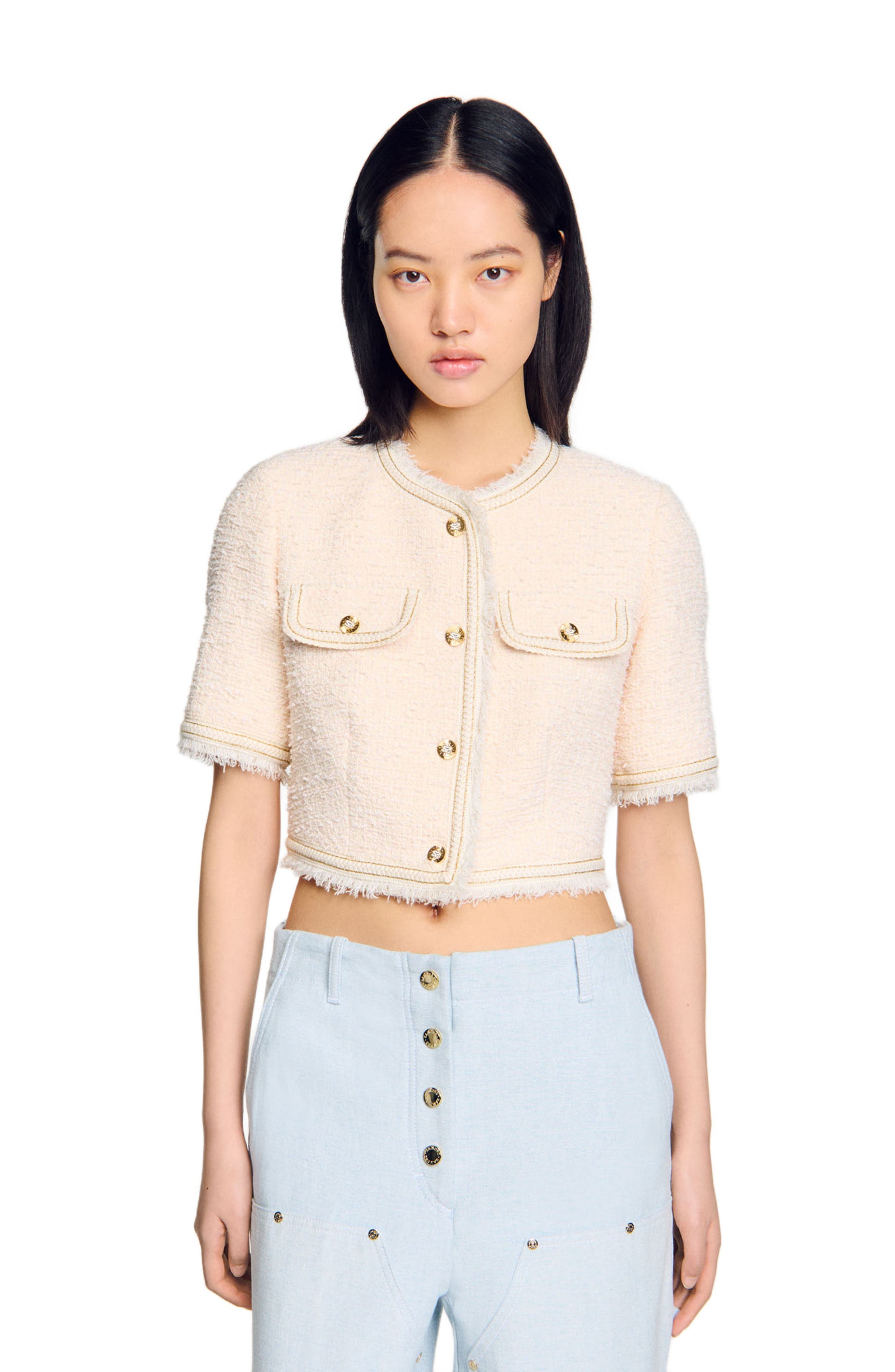 SANDRO Short-sleeved tweed jacket in Ecru /Pink at Nordstrom - 3