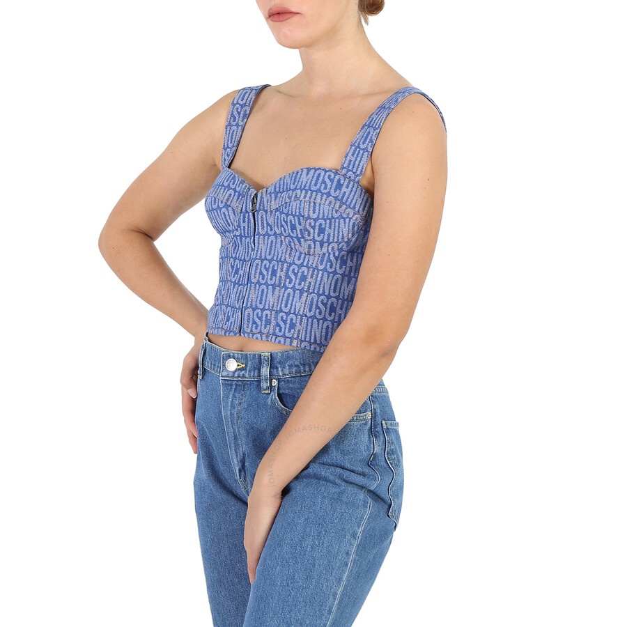 Moschino Ladies Fantasy Print Blue Monogram Denim Cropped Top - 5