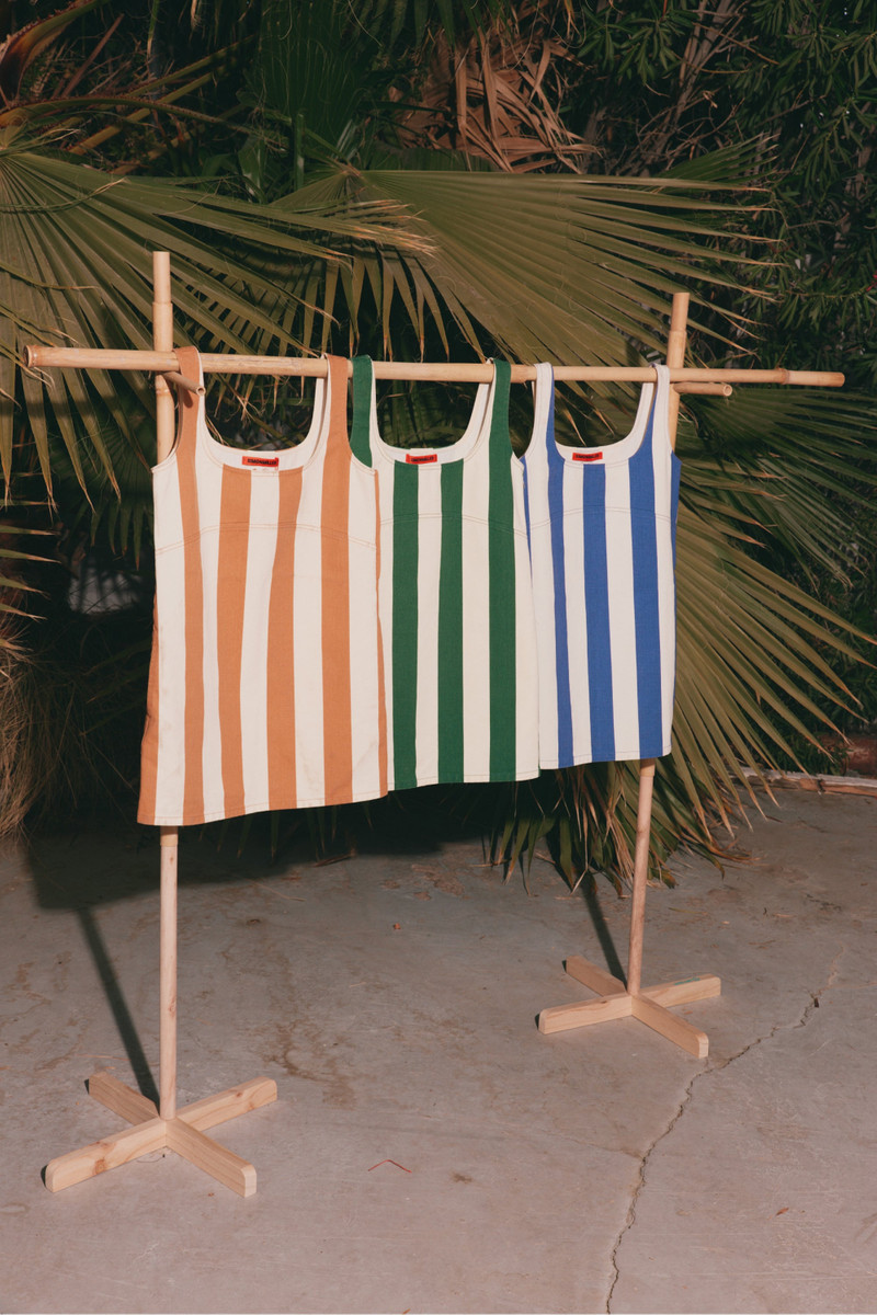 SIMONMILLER Sahara Striped Denim Dress in Gummy Green/Ecru outlook