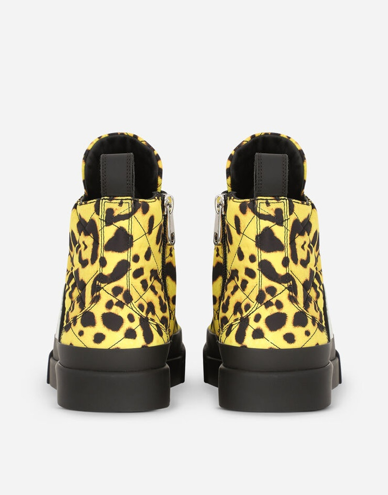 Dolce & Gabbana Quilted nylon Portofino Light mid-top sneakers with leopard print over yellow base outlook