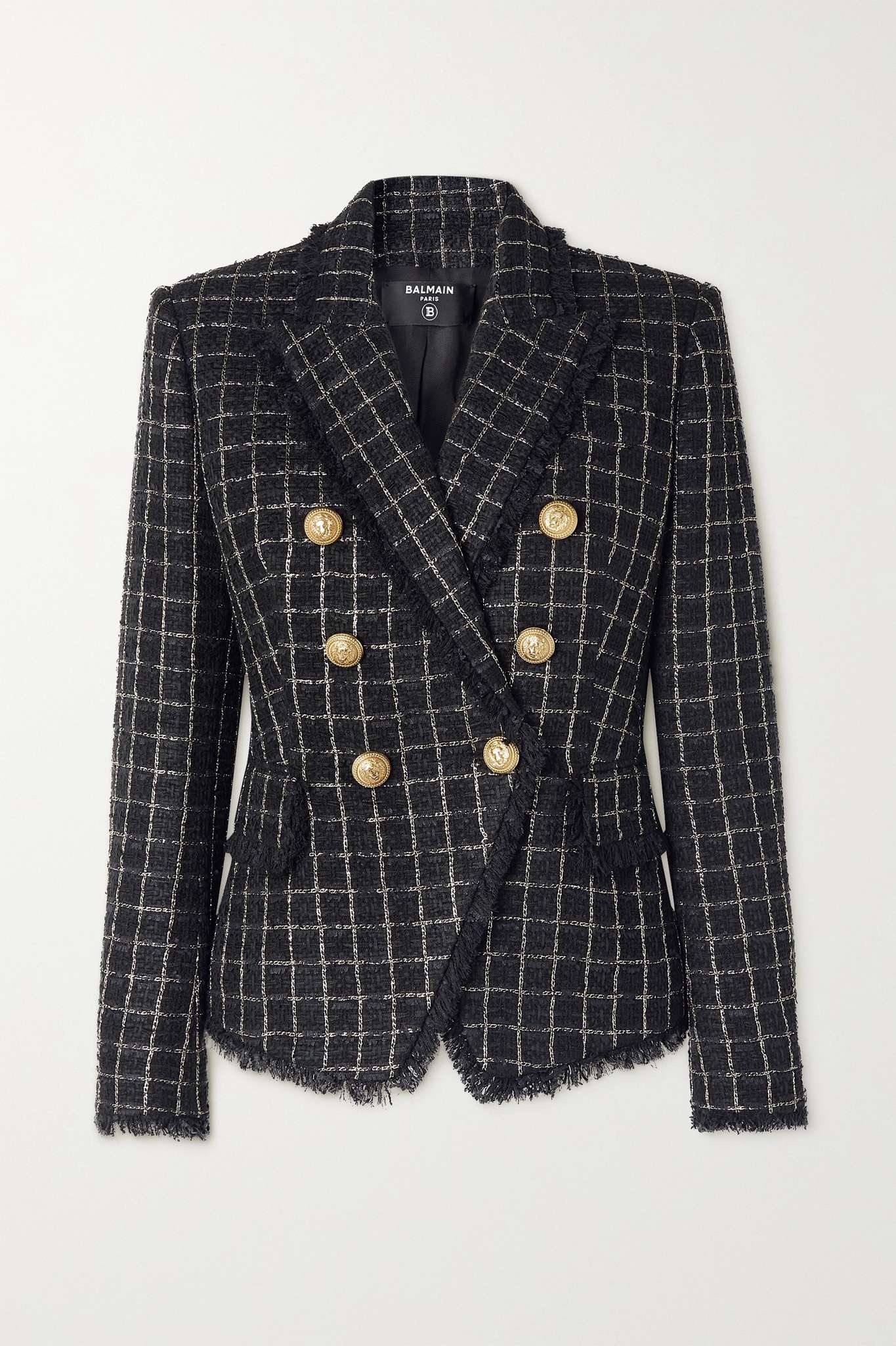 Double-breasted frayed checked metallic tweed blazer - 1