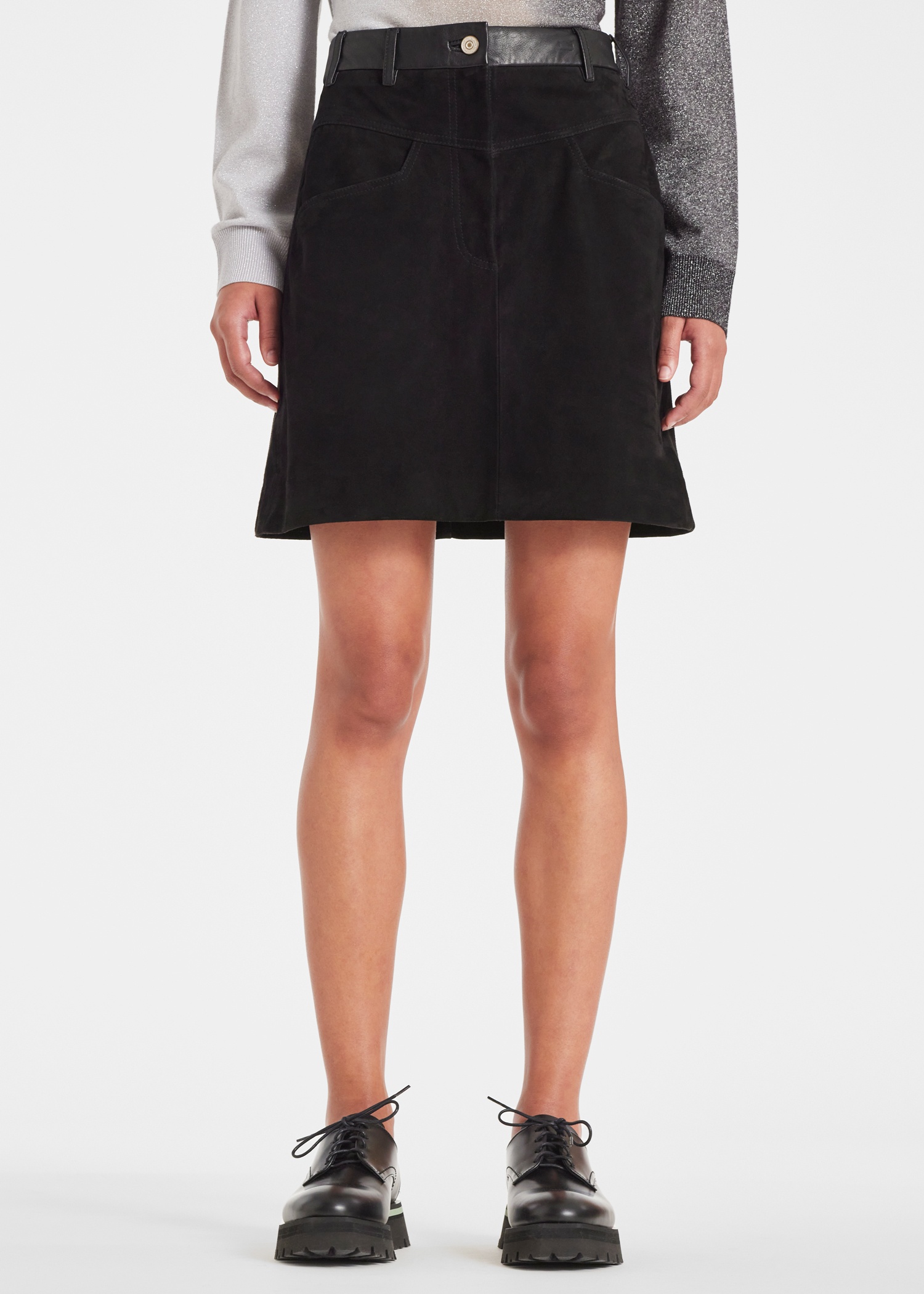 Women's Black Suede Contrasting Short Skirt - 5
