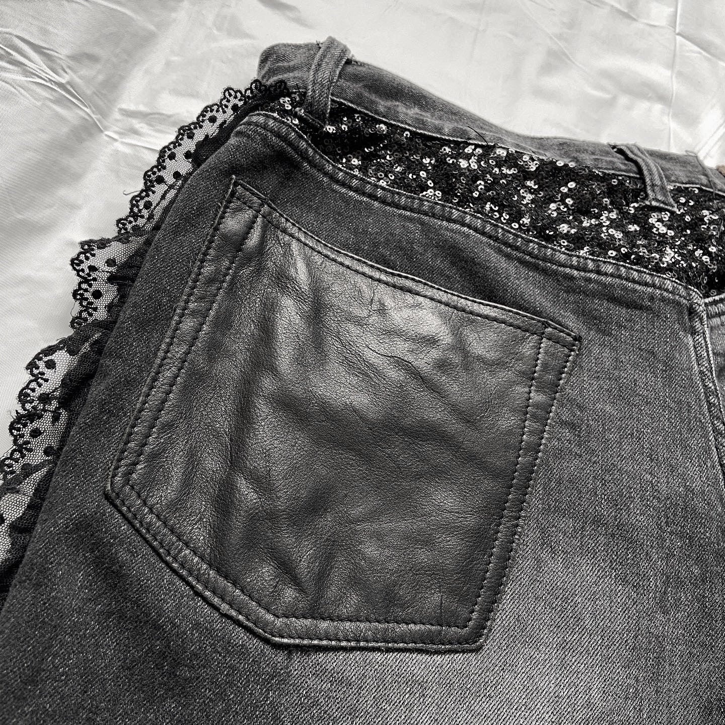 Junya watanabe black trompe l'oeil clawmark sequins lace jeans M - 8
