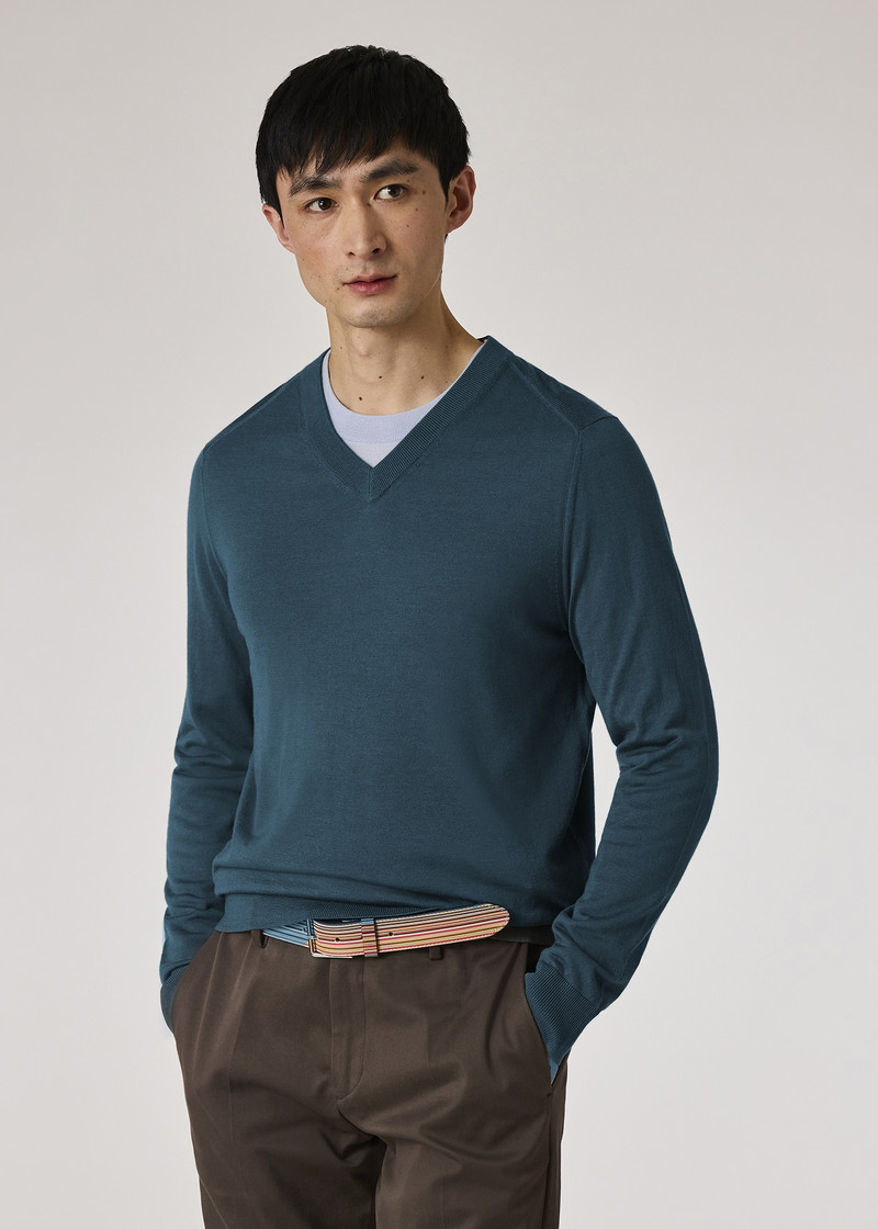 Slate Green Merino Wool V-Neck Sweater 1