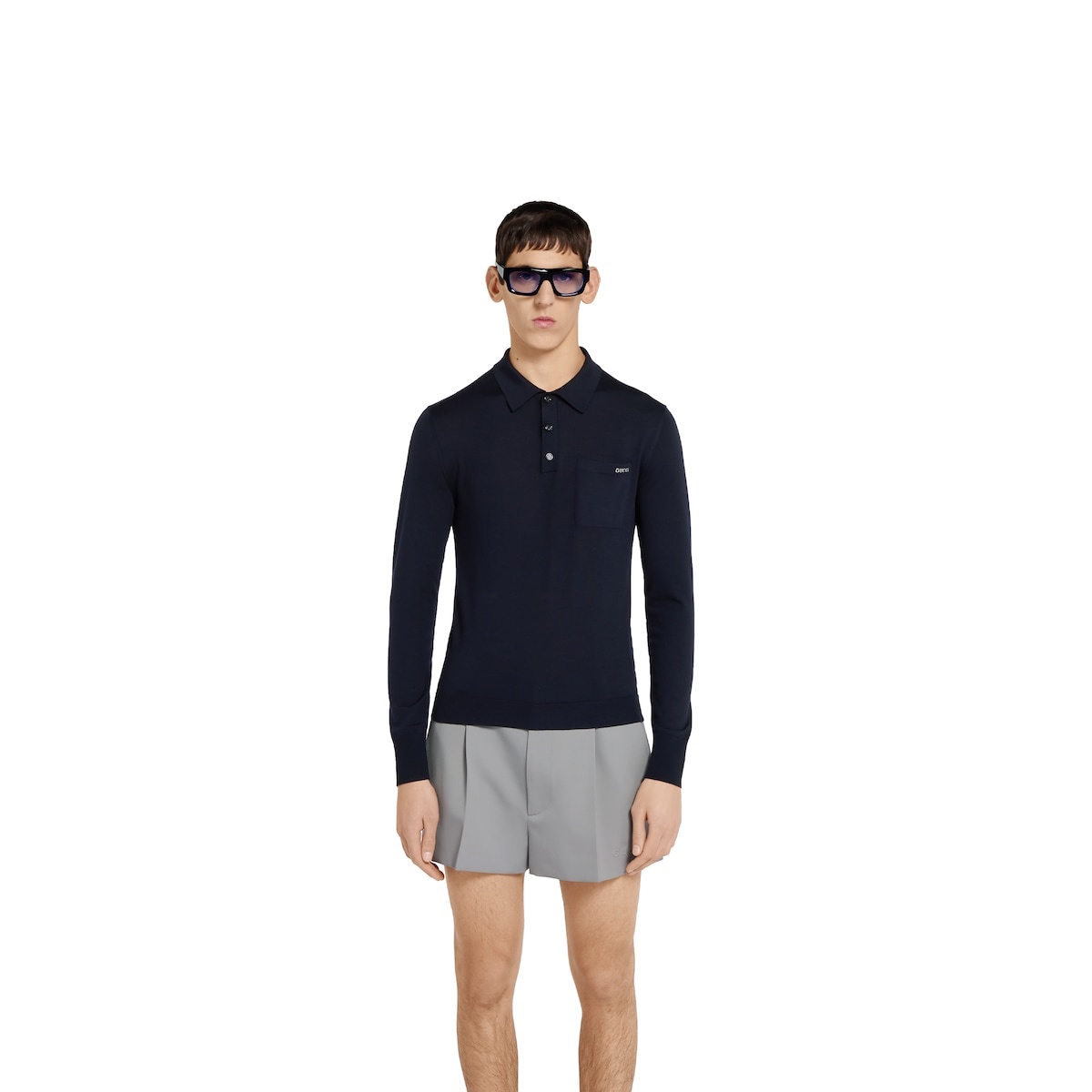 Fine wool knit polo top with intarsia - 3