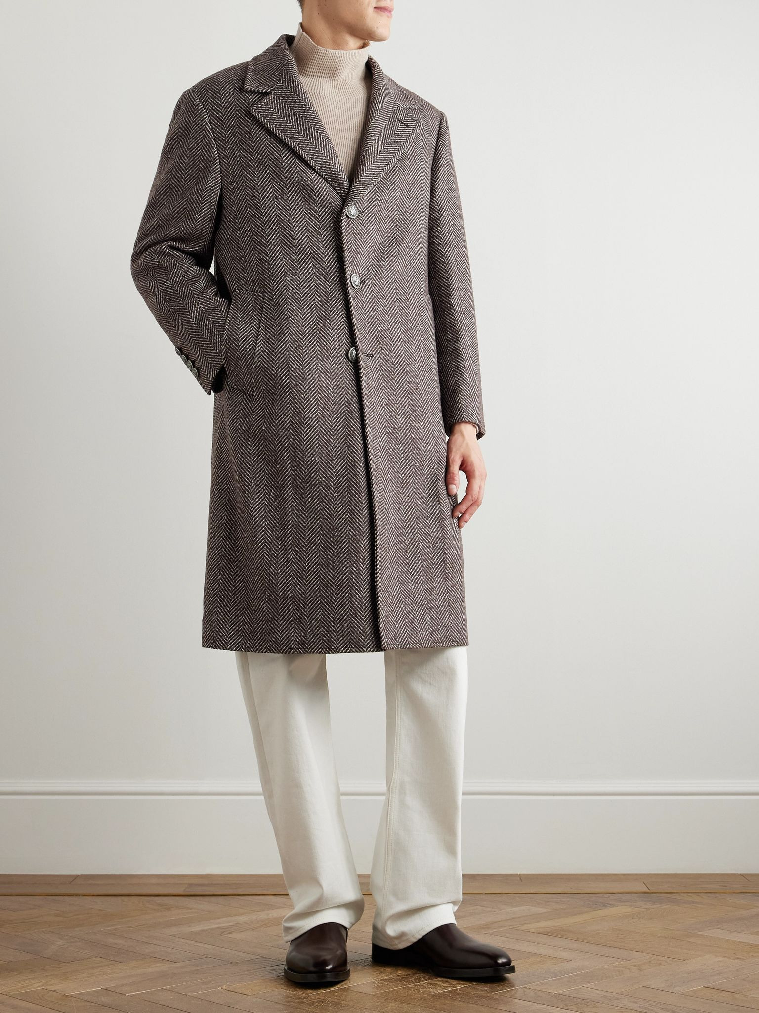 Herringbone Cashmere and Silk-Blend Coat Brown - 2