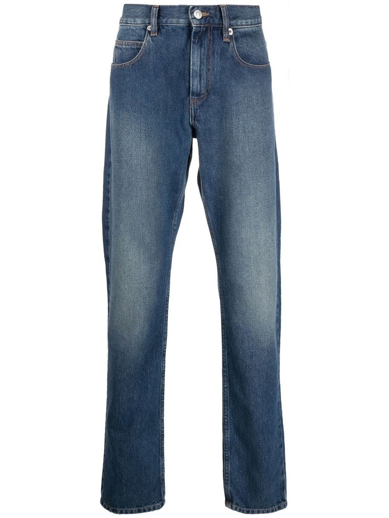 straight-leg mid-wash jeans 1