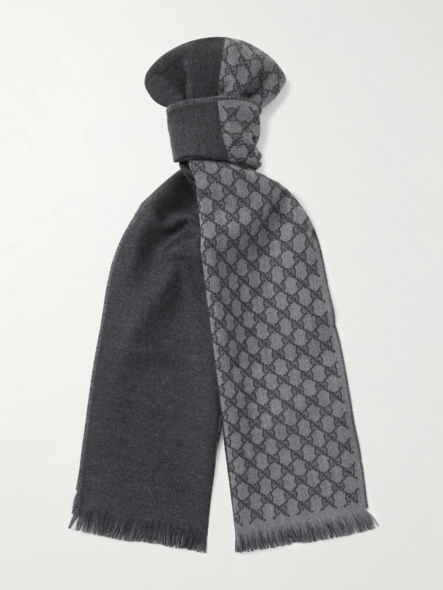 Alfie Frayed Logo-Jacquard Wool Scarf Gray - 1