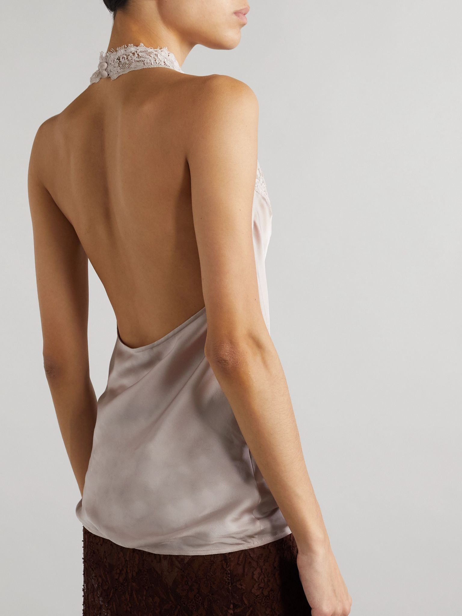 Lace-trimmed silk halterneck tank top Pastel pink - 3